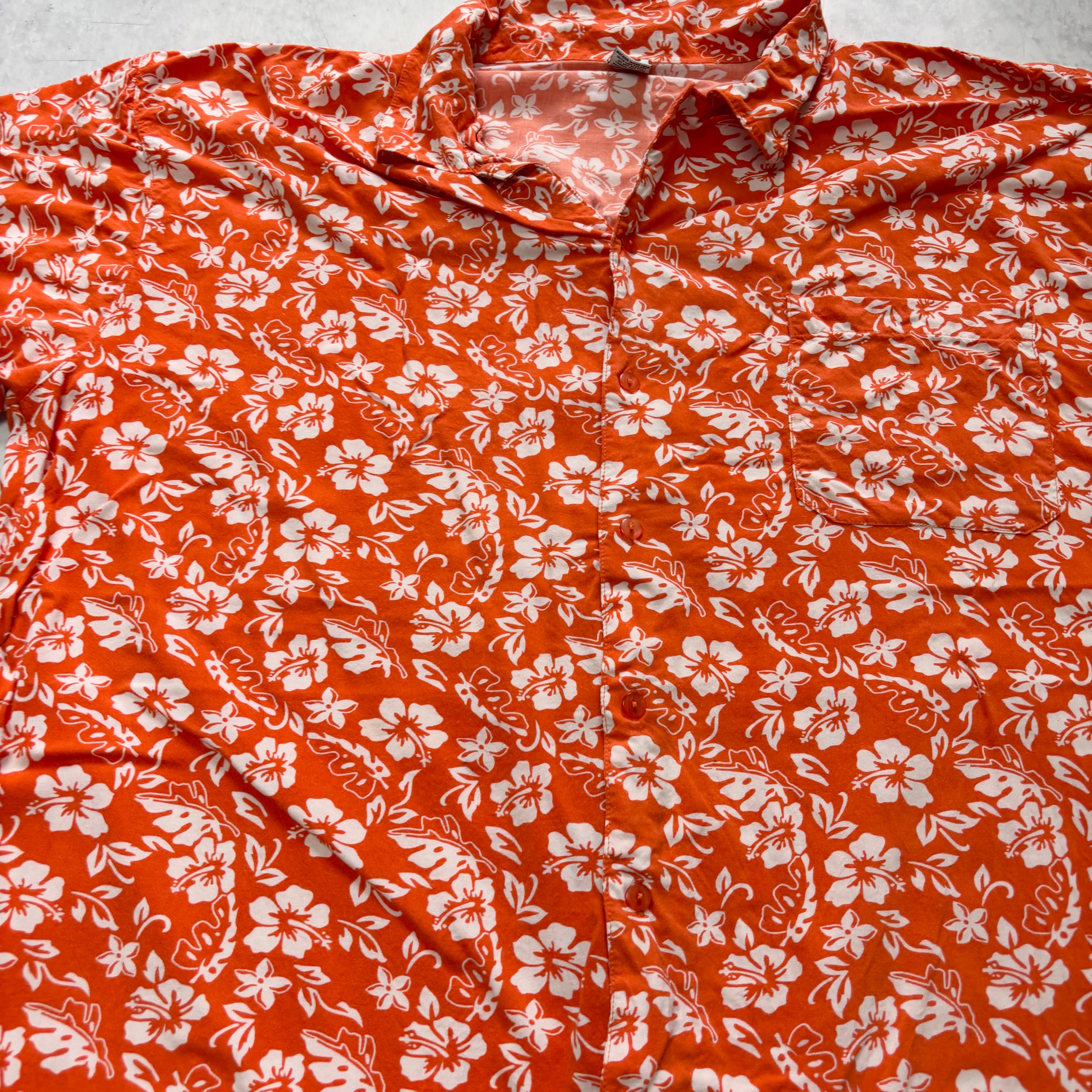Hawaiian Shirt Mens XL Orange Floral Aloha Short Sleeve Rayon Vintage (E)