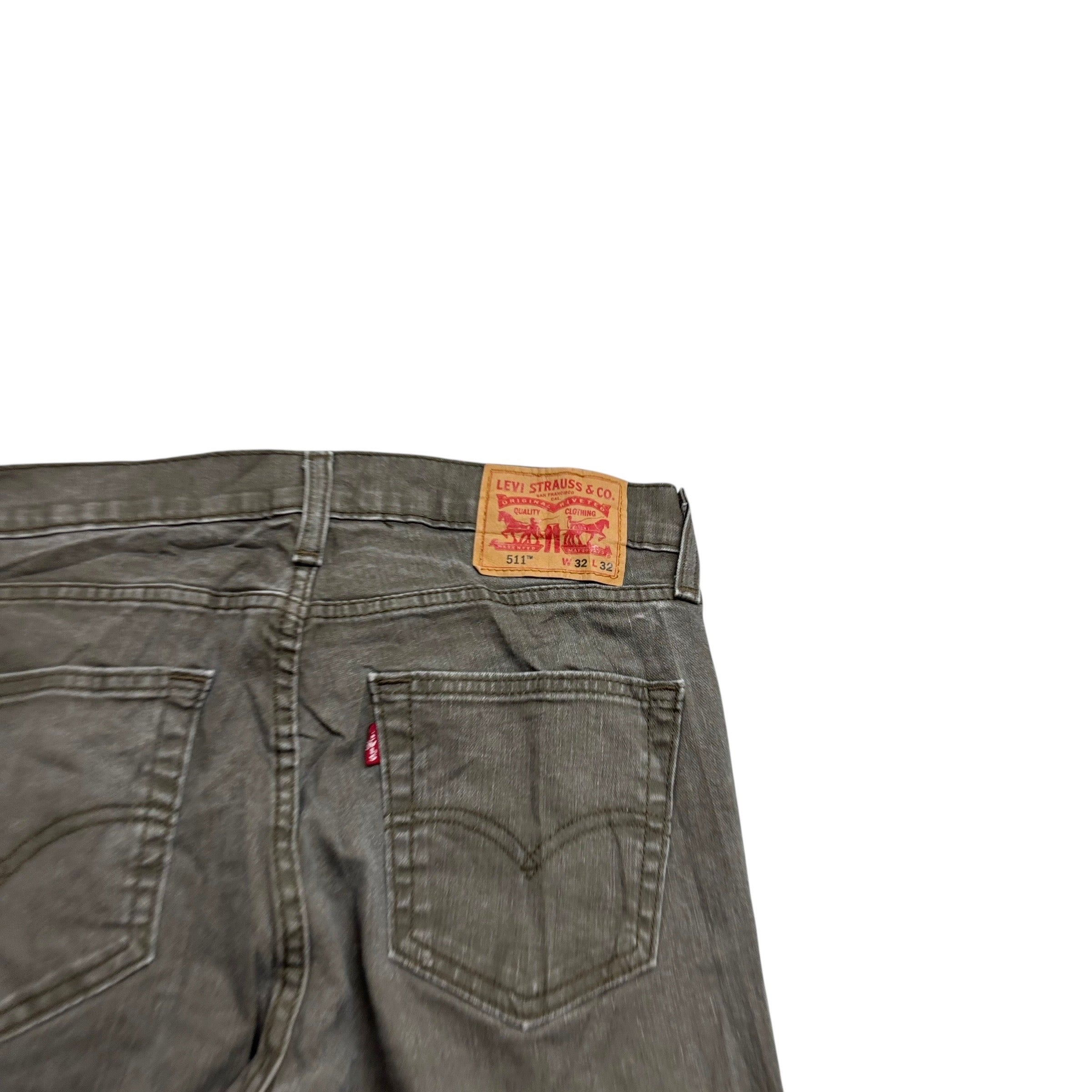 Levis 511 Jeans W32 L32 Mens Waxed Olive Green Slim Fit Stretch Denim (E)