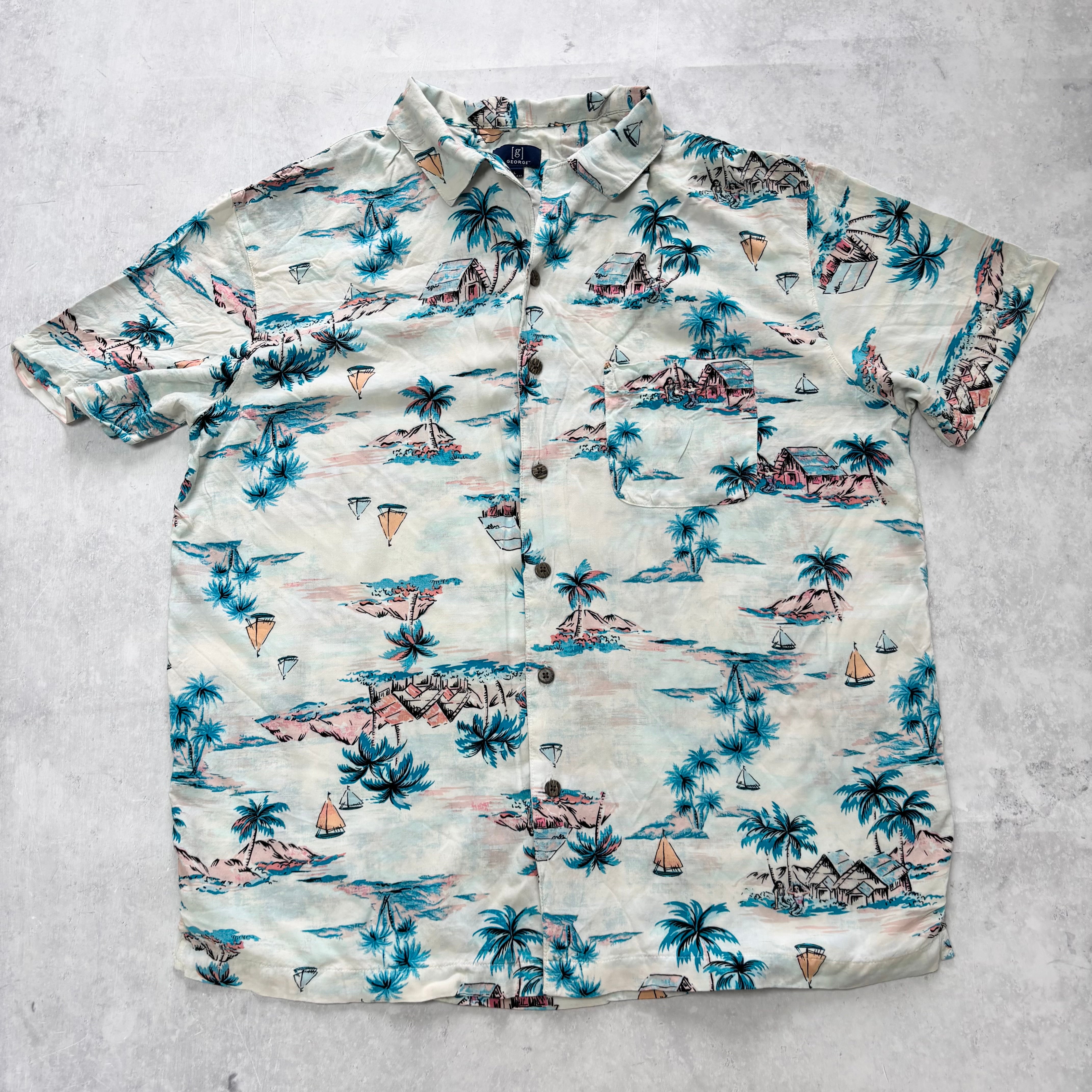Hawaiian Shirt Mens Large White Floral Aloha Short Sleeve Rayon (E)