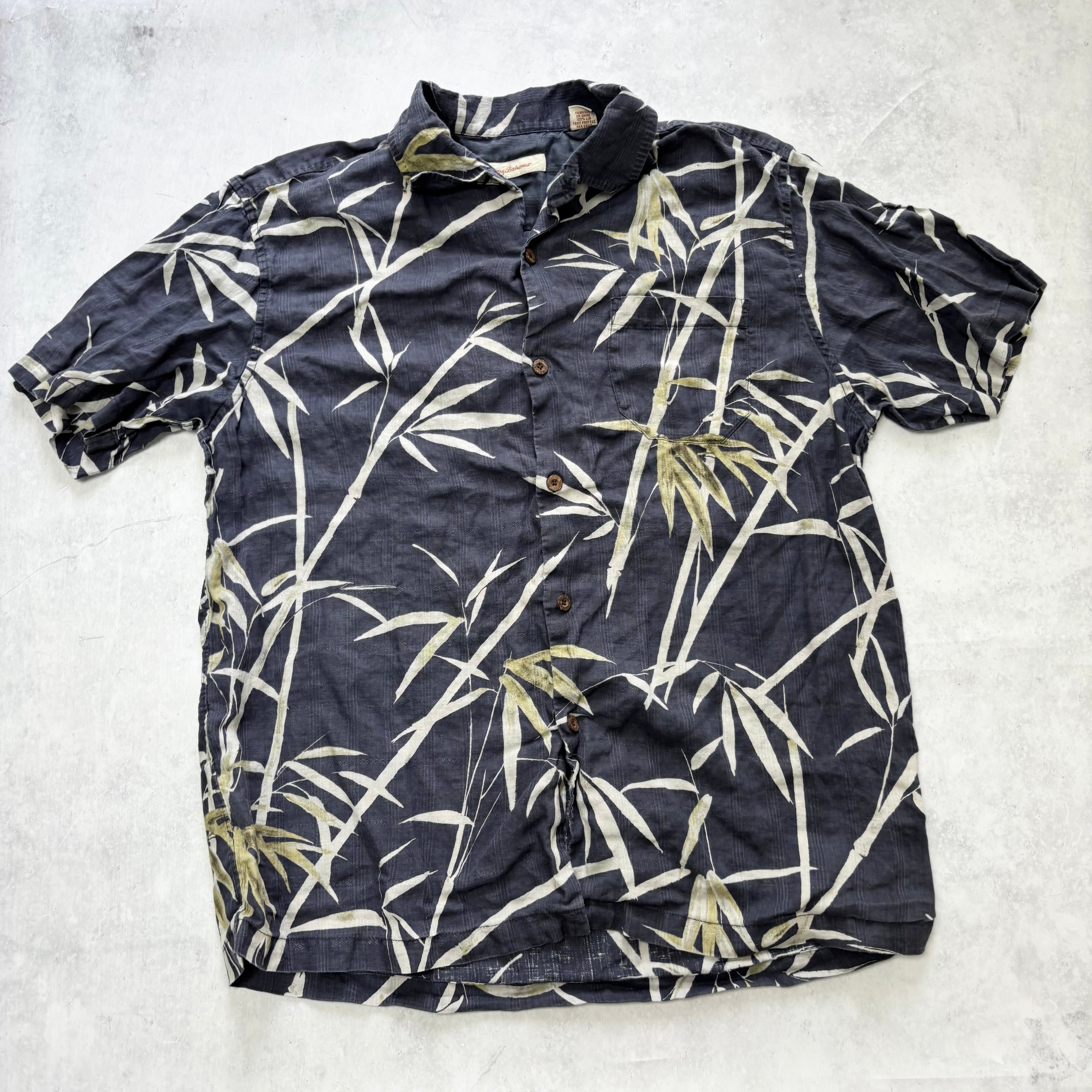 Vintage Hawaiian Shirt Mens XL Navy Blue Floral Aloha Short Sleeve Linen (F)
