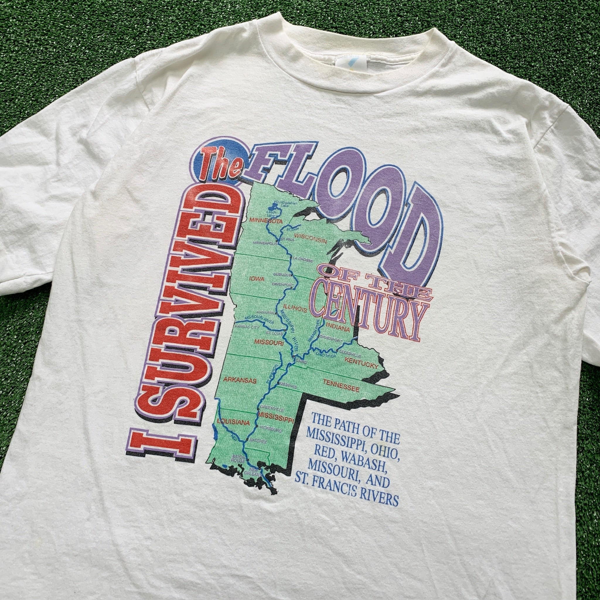 Vintage T Shirt Mens Large White Single Stitch Graphic Print 90s USA Flood