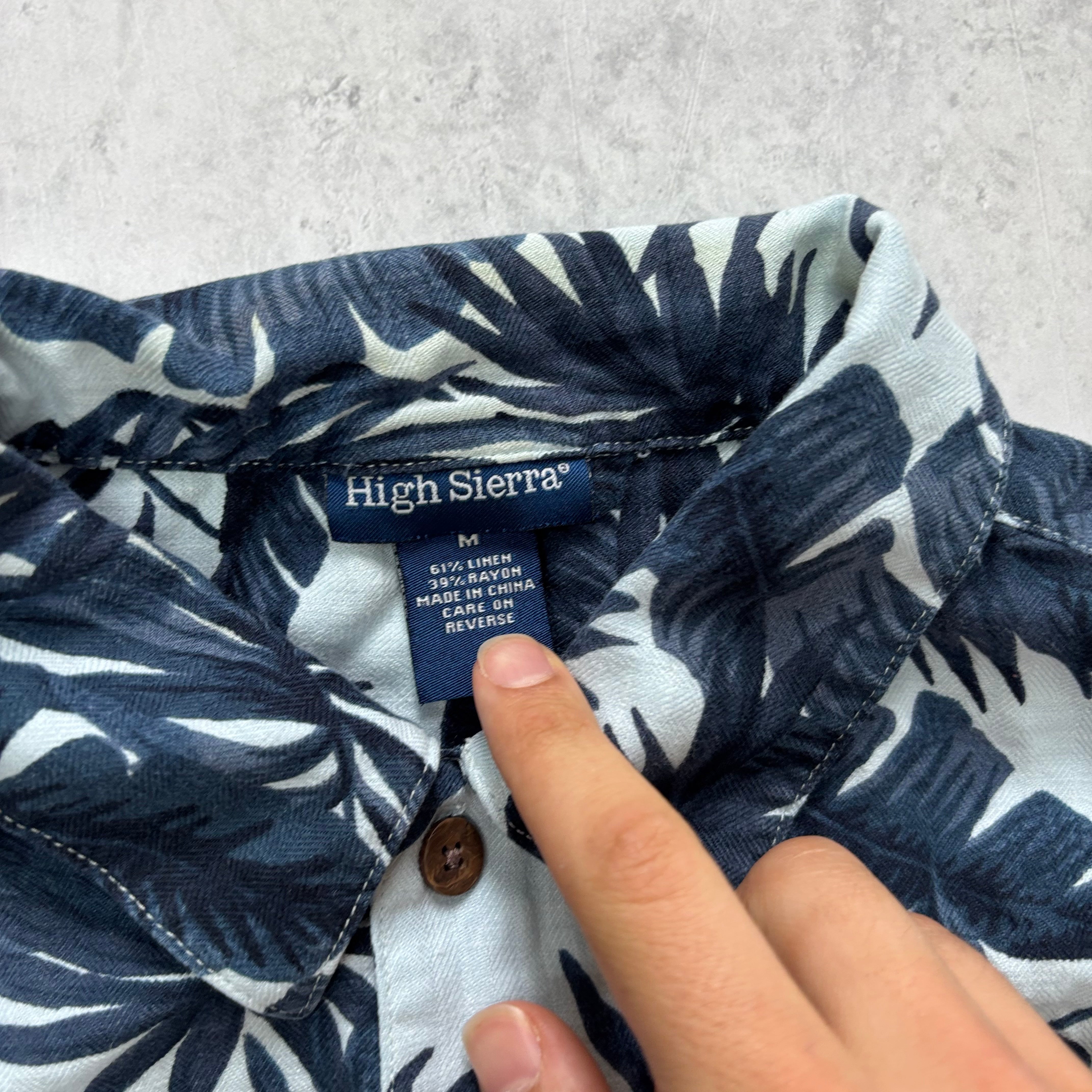 Hawaiian Shirt Mens Medium Blue Floral Aloha Short Sleeve Linen Blend (E)
