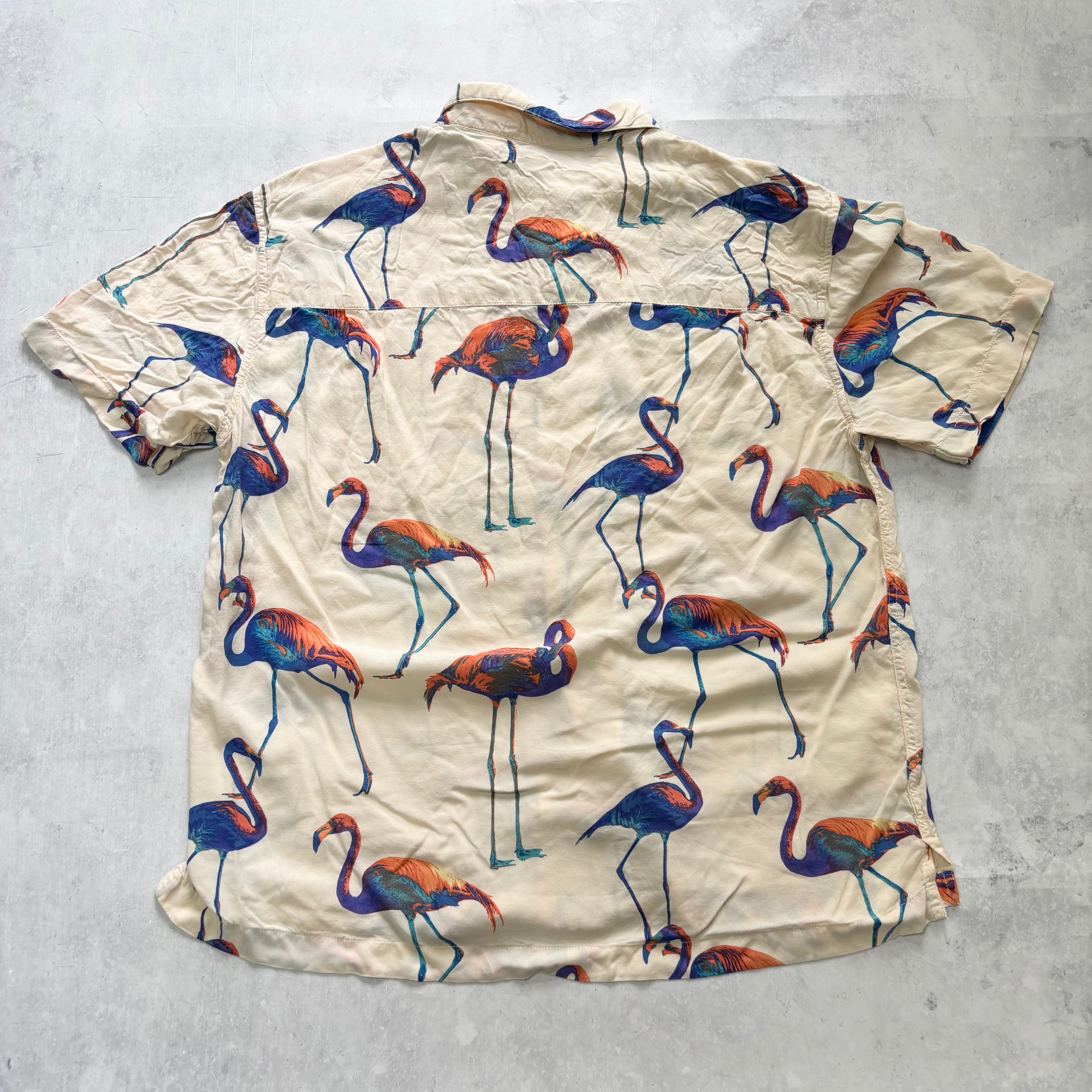 Arizona Jean Co. Shirt Mens Medium Cream Flamingos Short Sleeve Viscose (E)