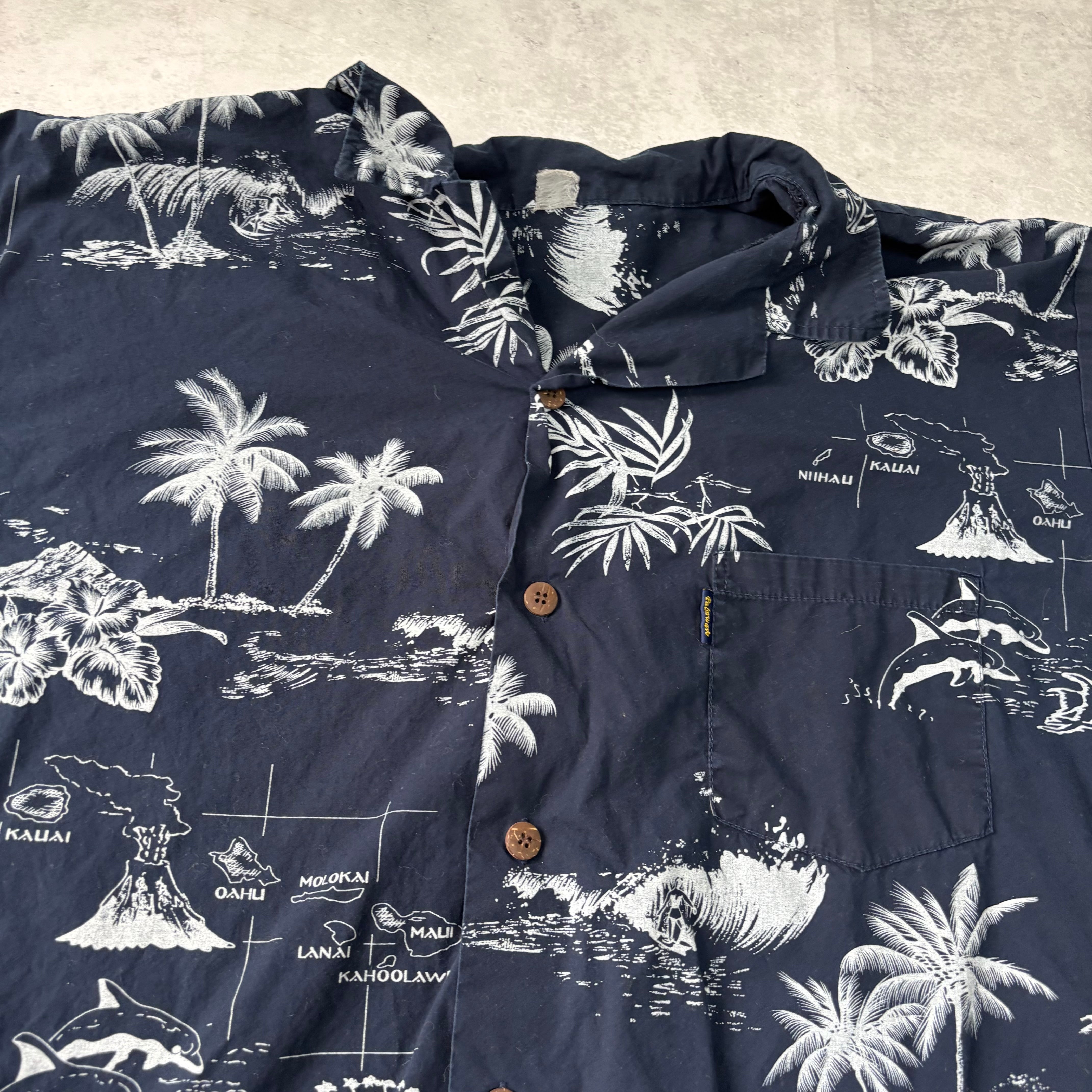 Vintage Hawaiian Shirt Mens XL Navy Blue Floral Aloha Short Sleeve (E)