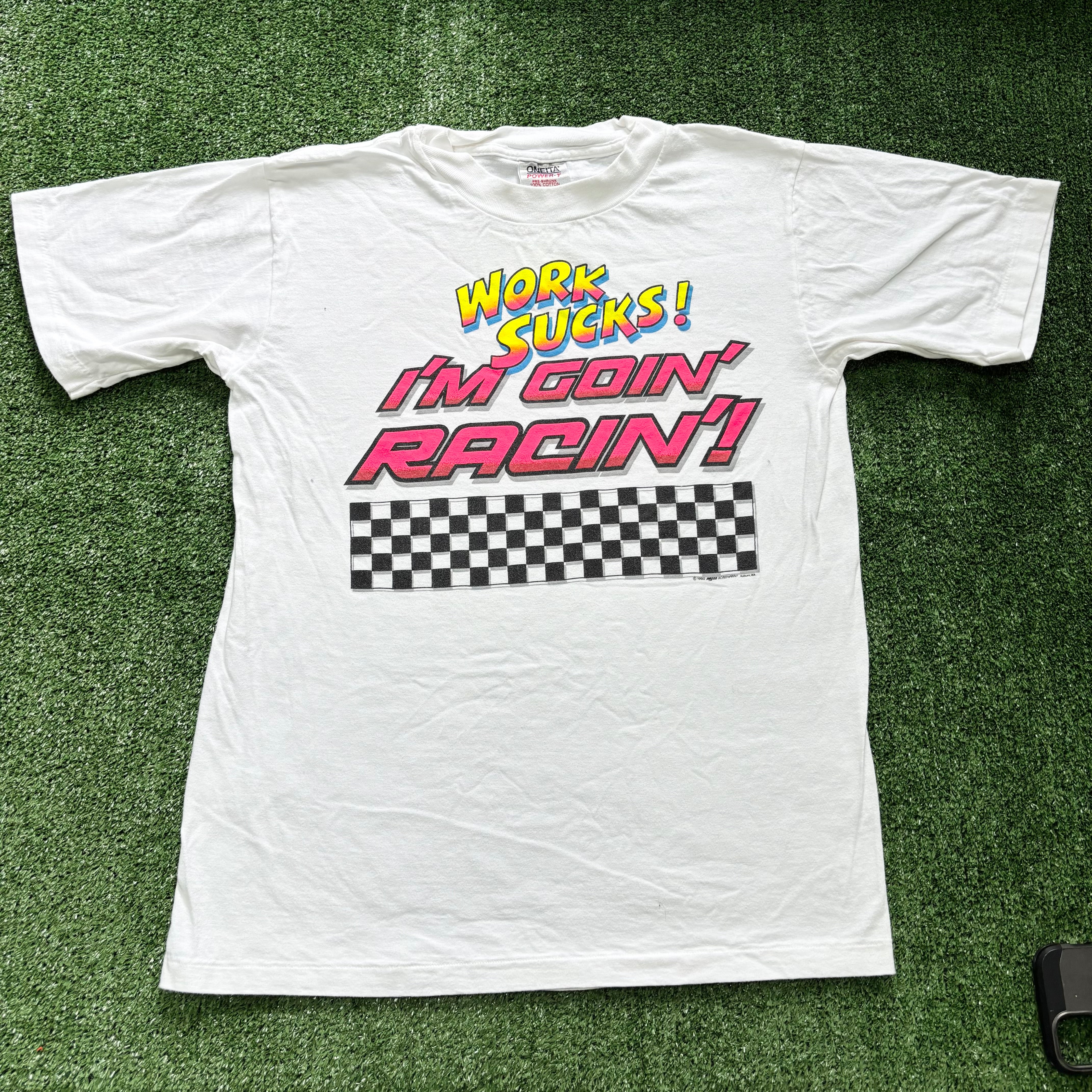 Vintage T Shirt Mens Medium White Single Stitch Graphic Print 90s Racing (E)