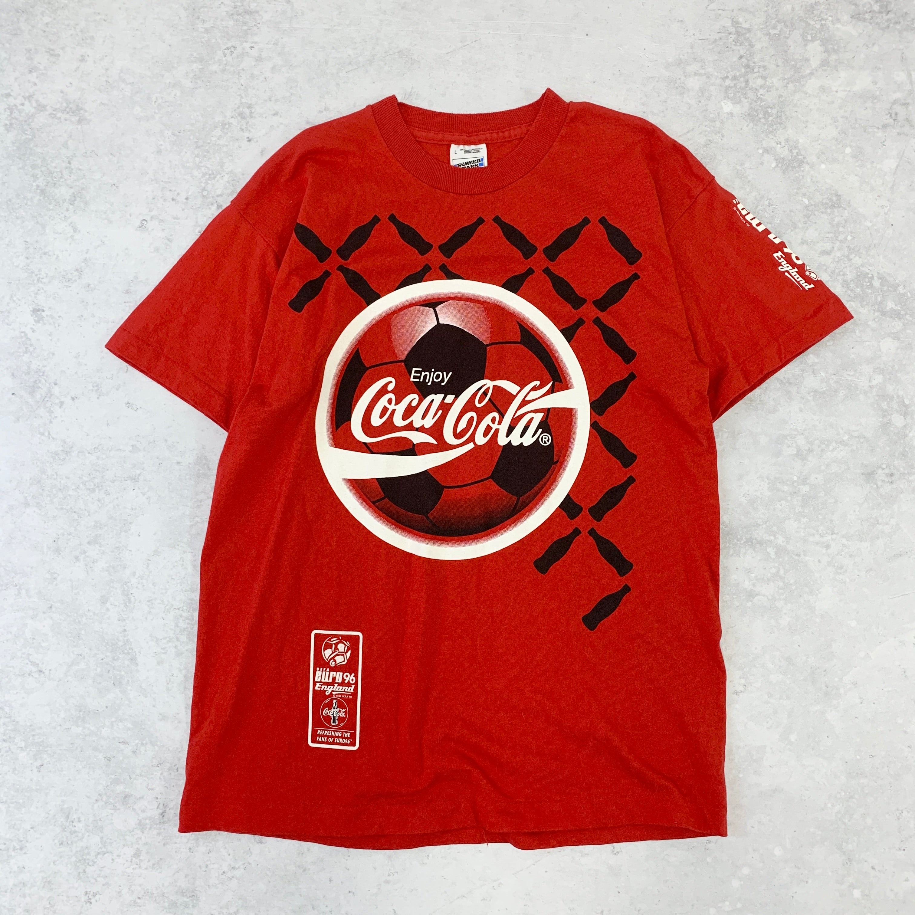 Vintage T Shirt Mens Large Red Single Stitch Graphic 90s Euros Football Coca Cola