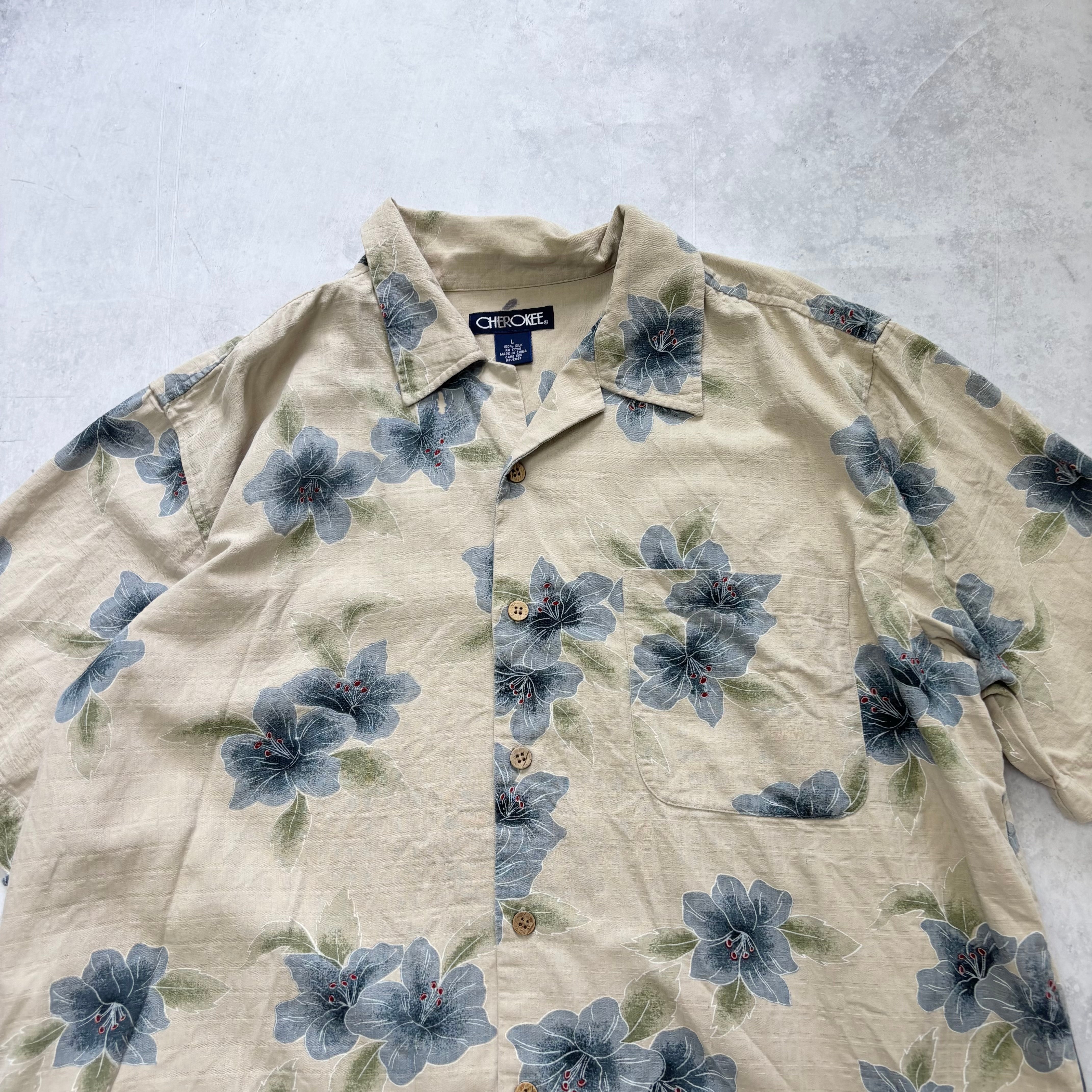 Vintage Hawaiian Shirt Mens Large Beige Silk Floral Aloha Short Sleeve