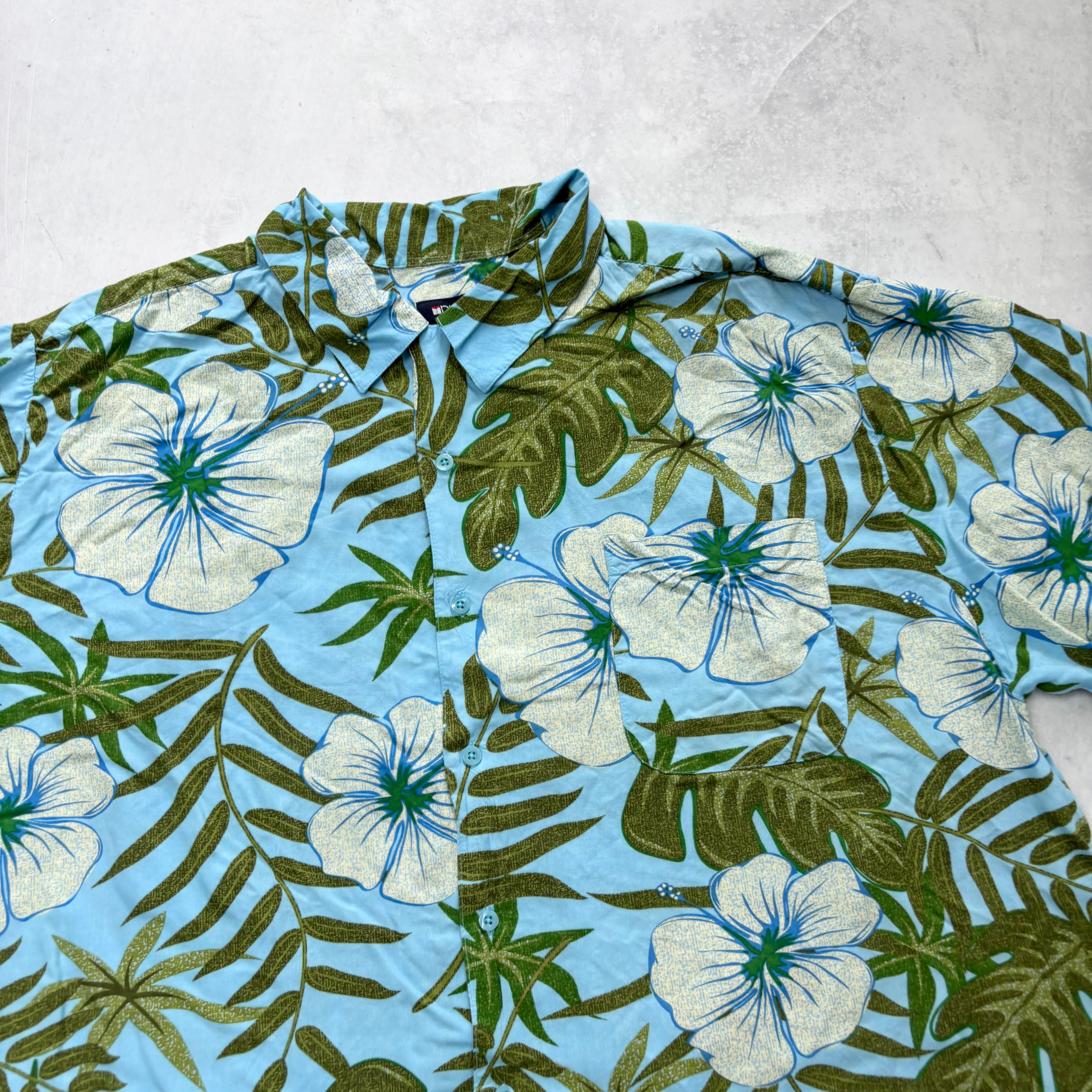 Vintage Hawaiian Shirt Mens 3XL Blue Floral Aloha Short Sleeve Rayon (E)