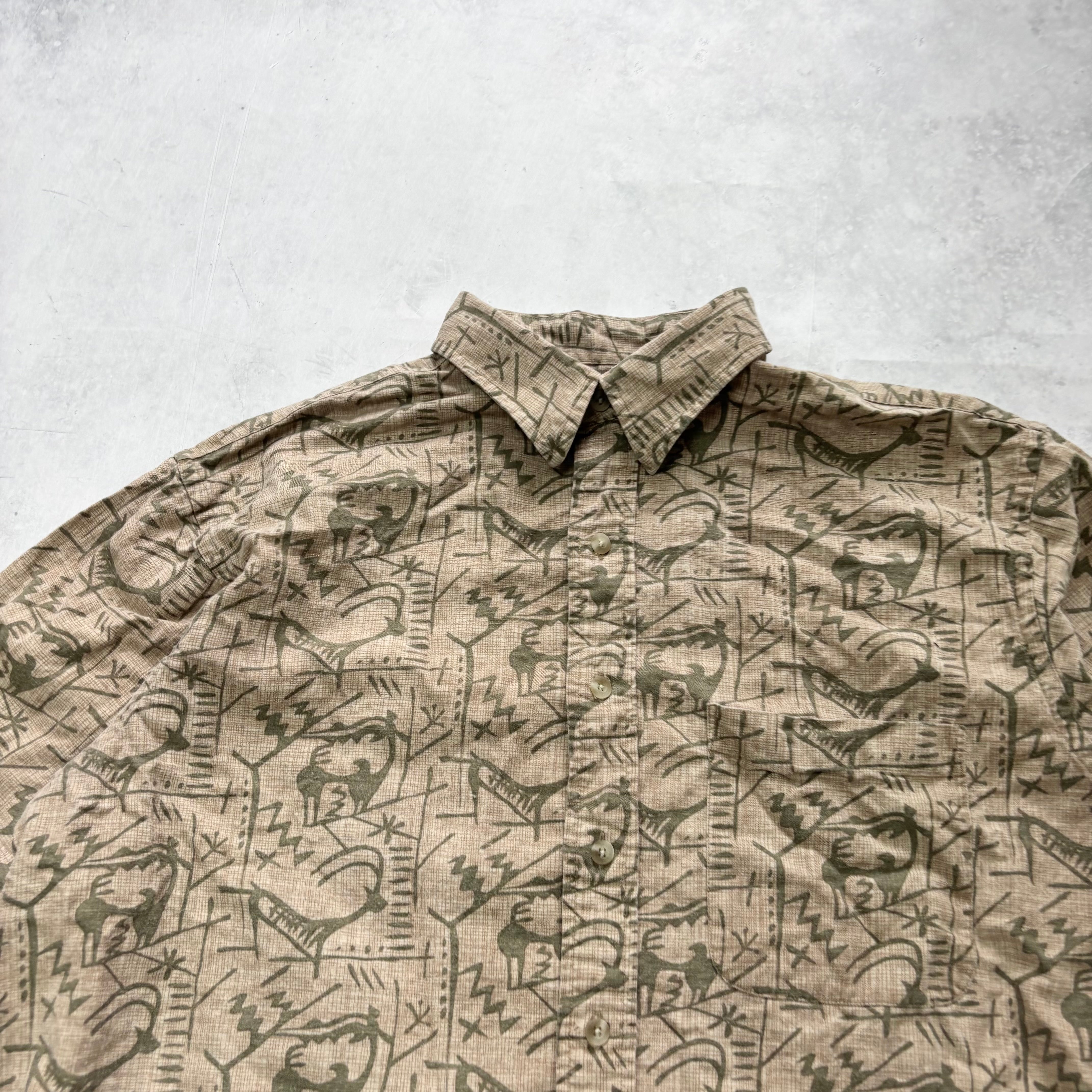 Vintage Shirt Mens Large Brown Outdoors Patterned Short Sleeve Linen (E)