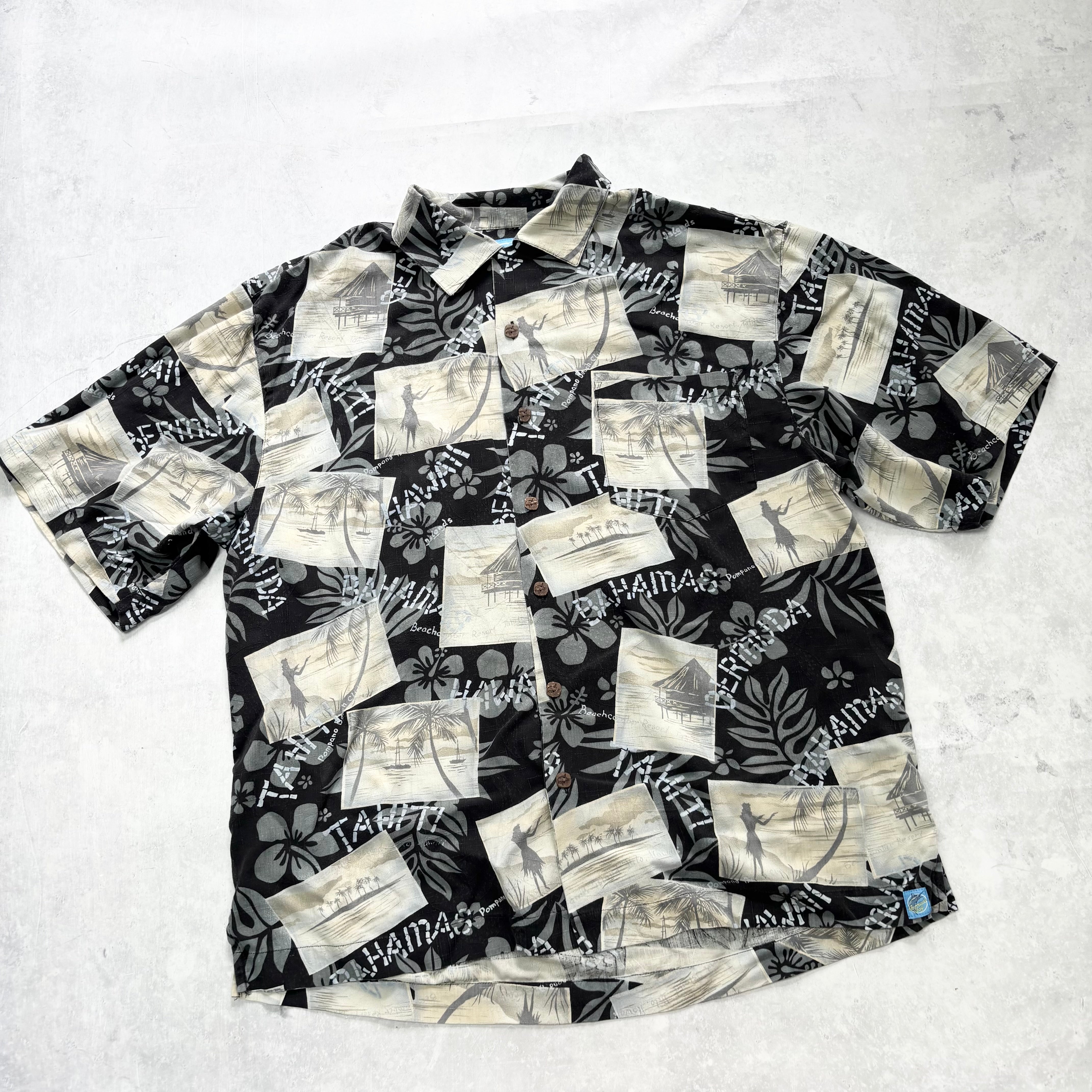 Vintage Hawaiian Shirt Mens Large Black Floral Aloha Short Sleeve Silk (E)