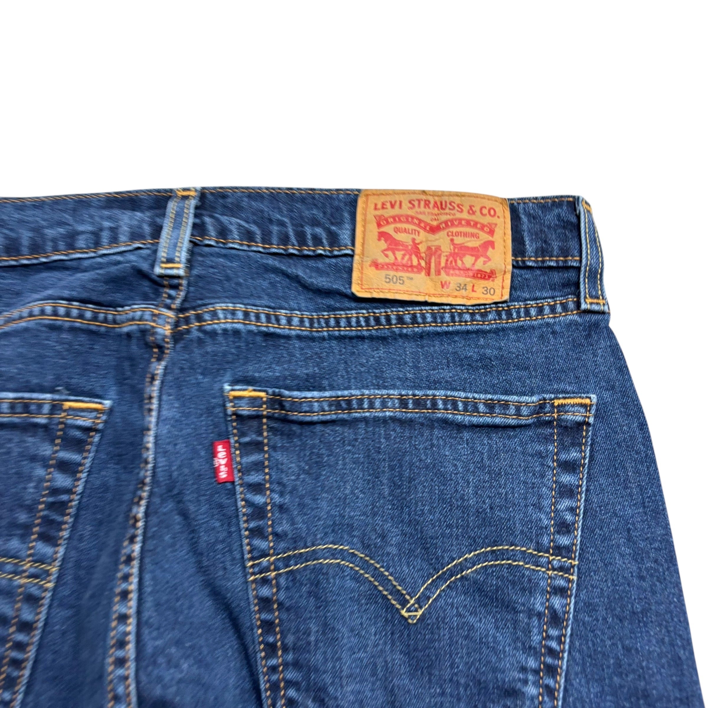 Levis 505 Jeans W34 L30 Mens Dark Blue Regular Straight Fit Stretch Denim (E)