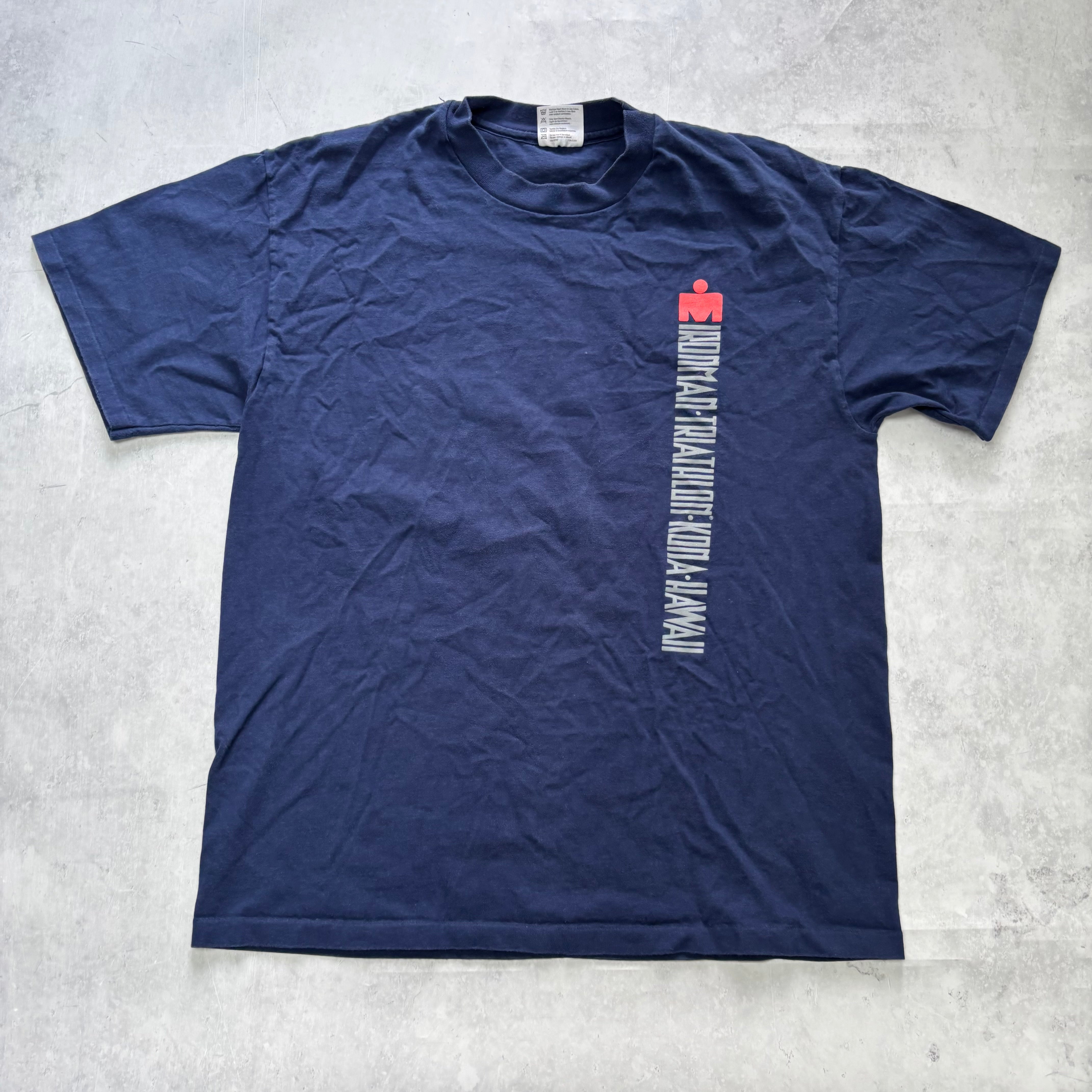 Vintage T Shirt Mens Large Navy Blue Single Stitch Graphic Print 90s Triathlon (E)