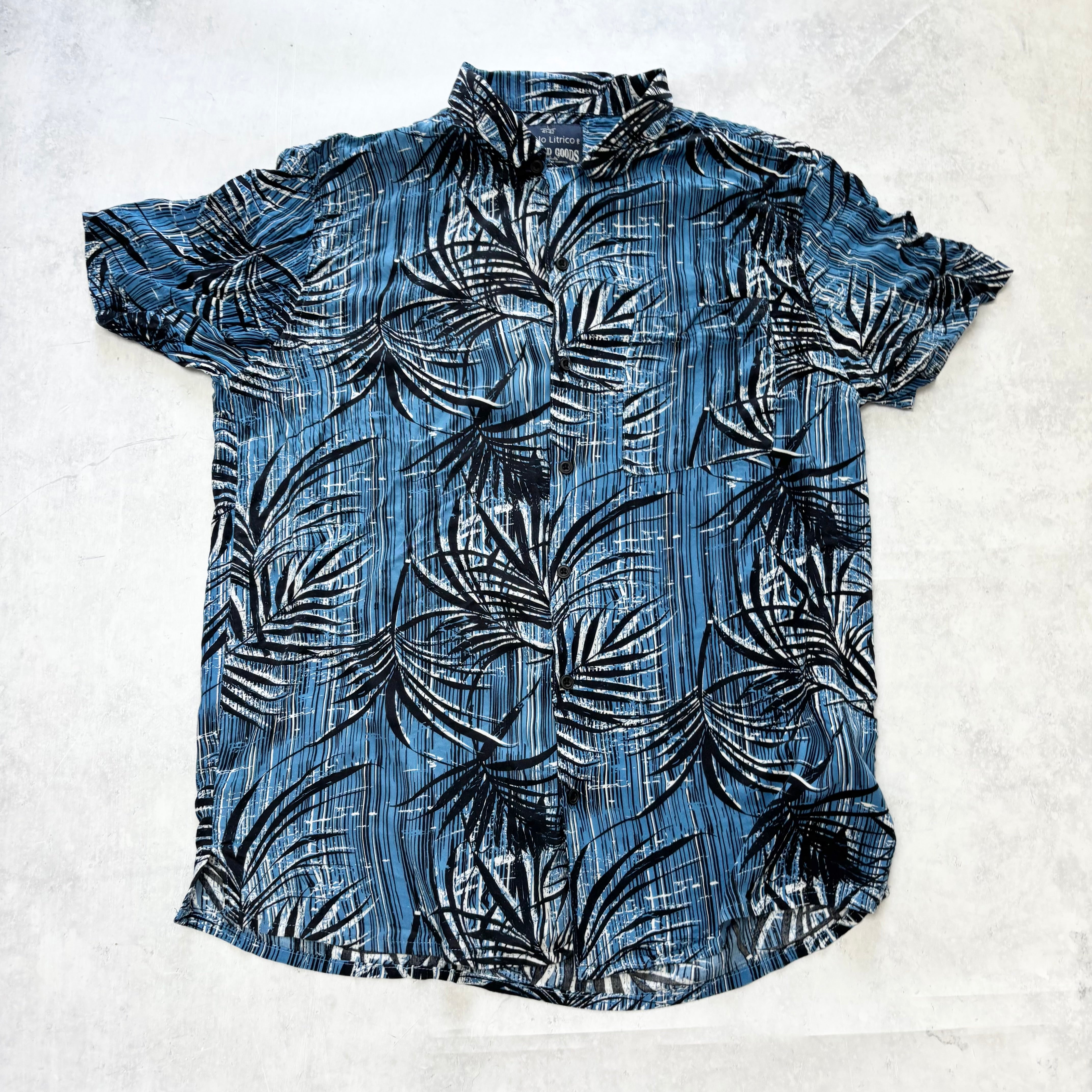 Hawaiian Shirt Mens Large Blue Floral Aloha Short Sleeve Viscose Slim Fit (E)