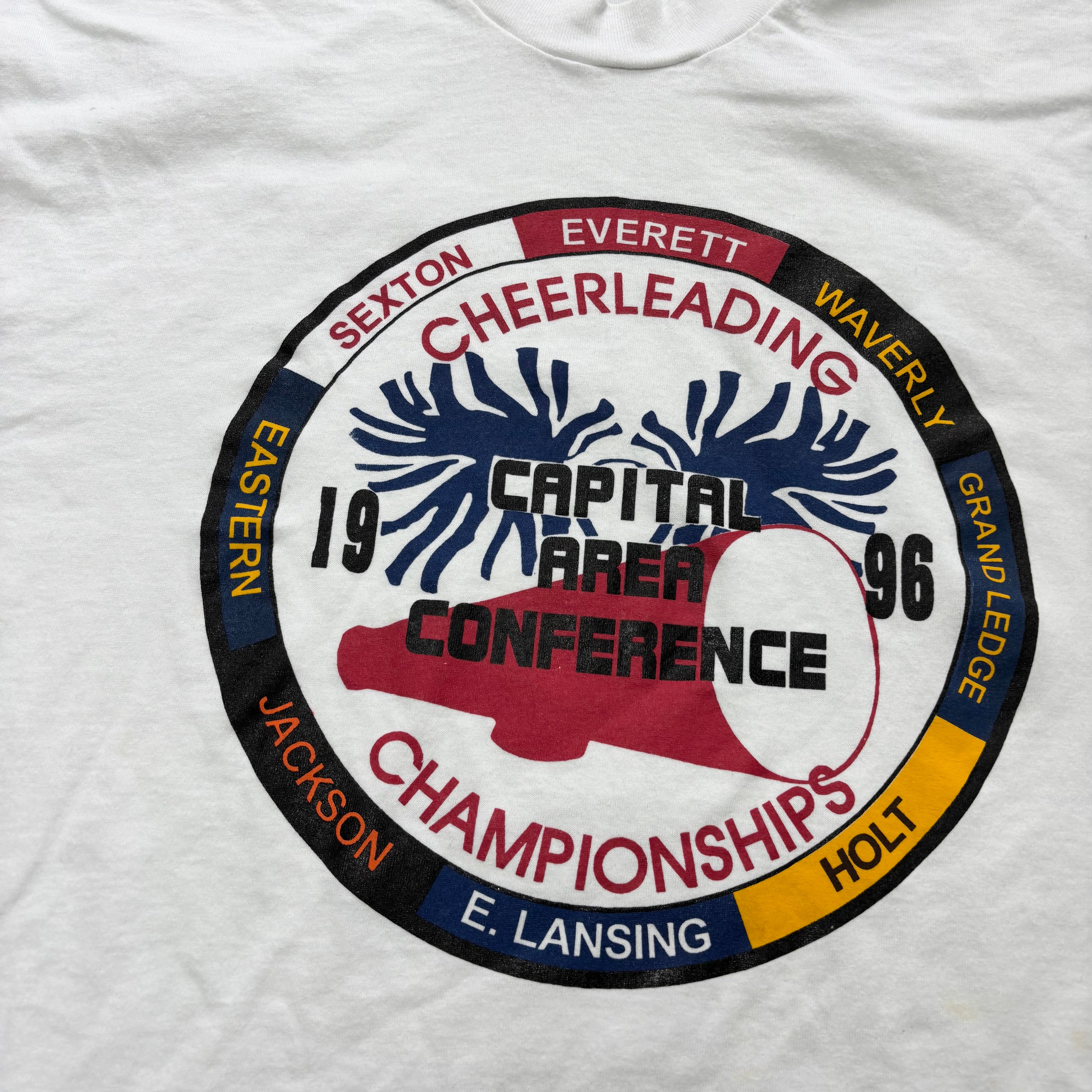 Vintage T Shirt Mens XL White Single Stitch Graphic Print 90s USA Cheer