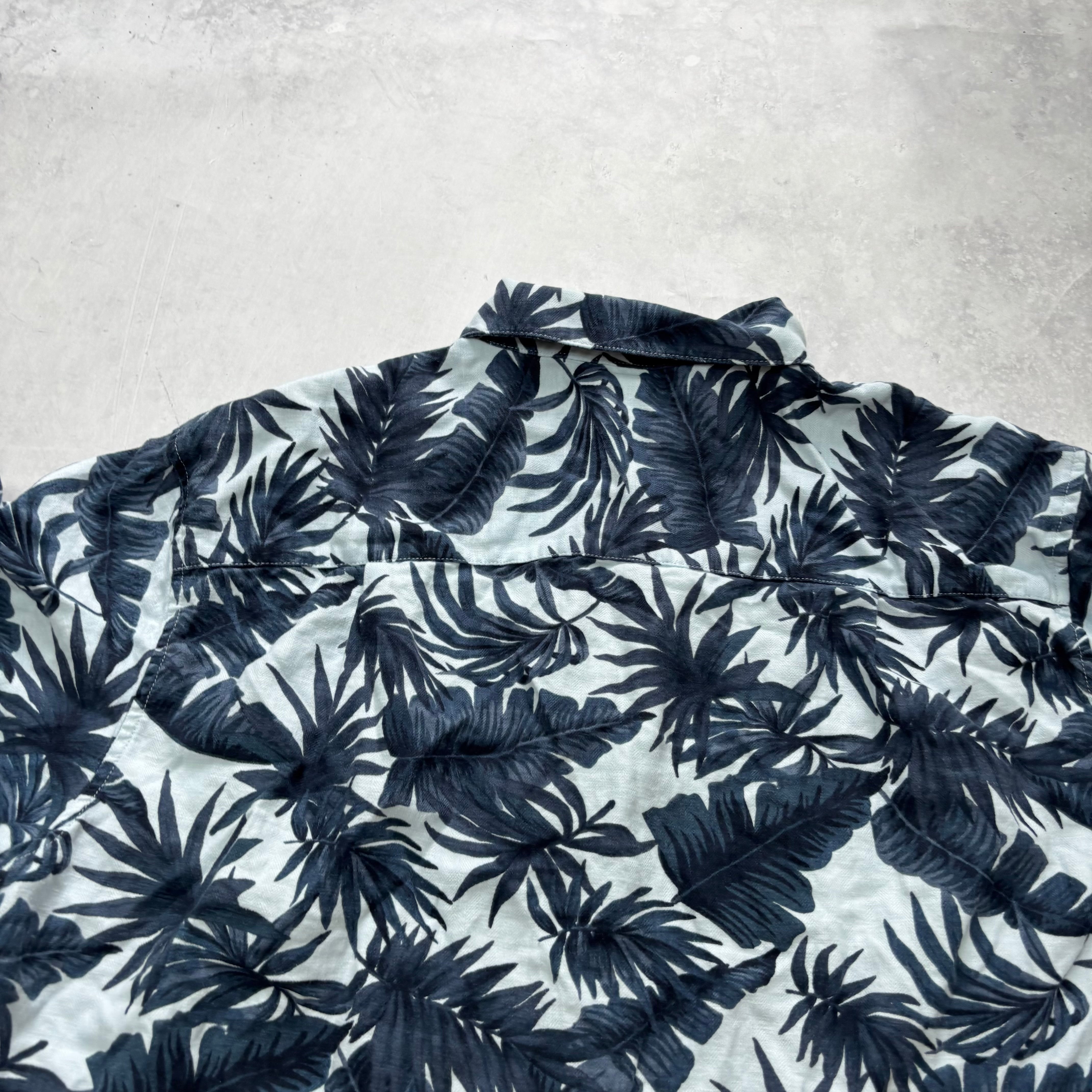 Hawaiian Shirt Mens Medium Blue Floral Aloha Short Sleeve Linen Blend (E)