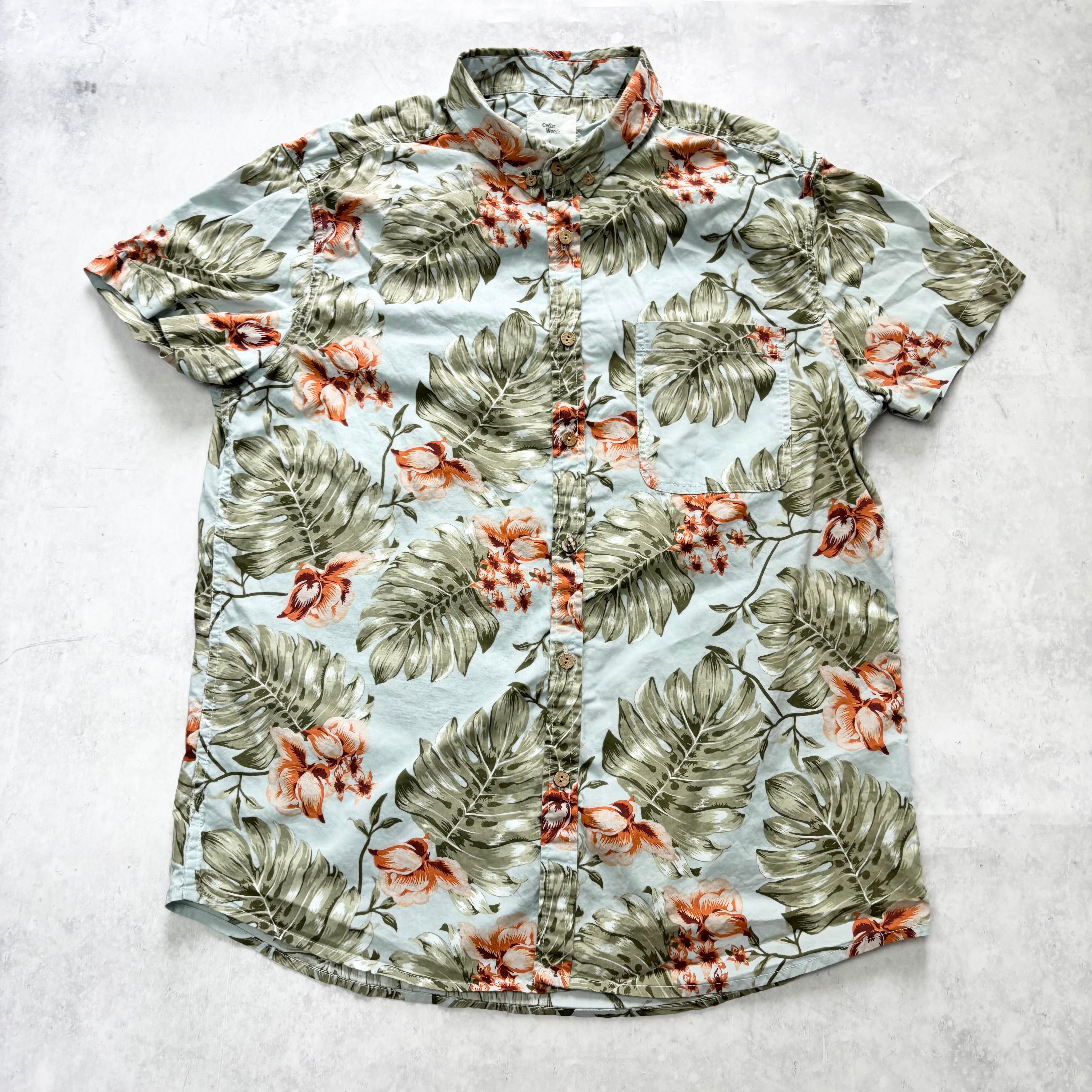 Hawaiian Shirt Womens Large Blue Floral Aloha Short Sleeve Cotton (E)