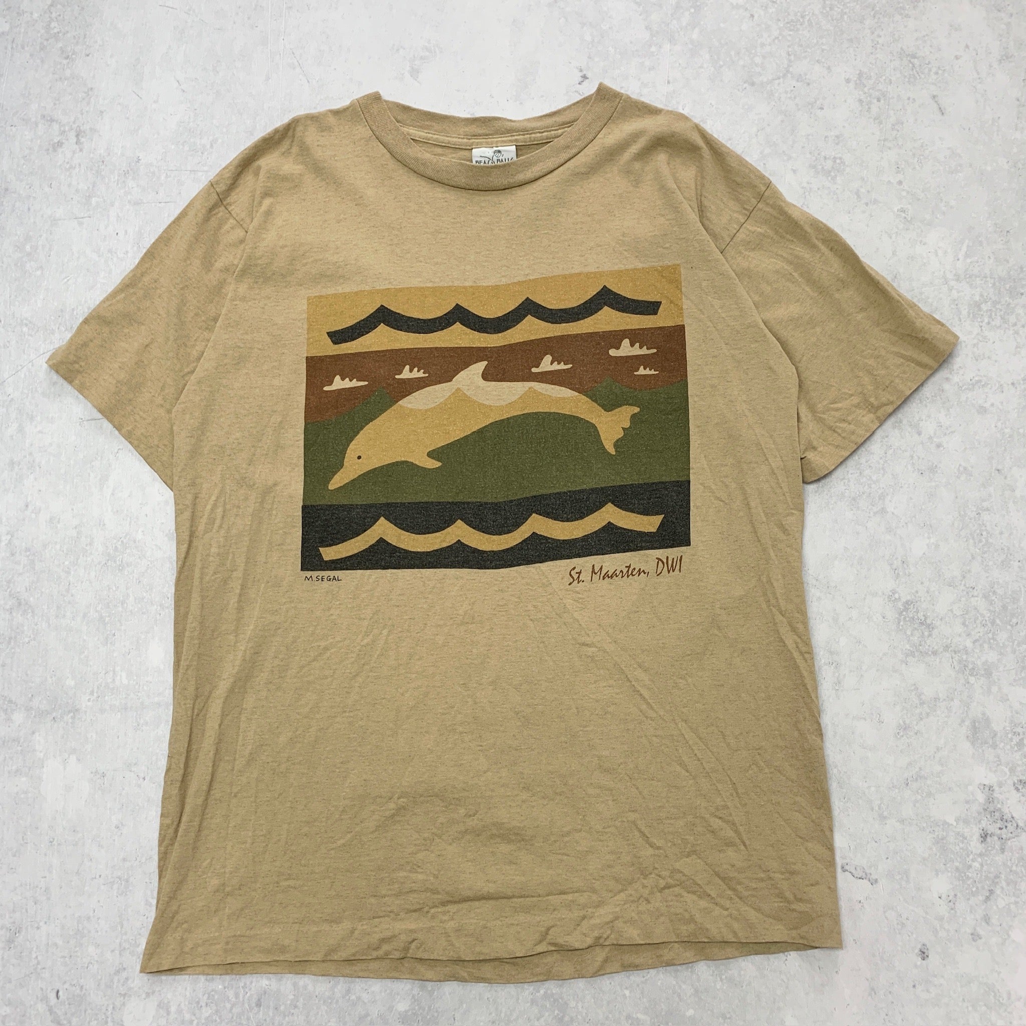 Vintage T Shirt Mens Large Tan Beige Single Stitch Graphic Print 90s USA