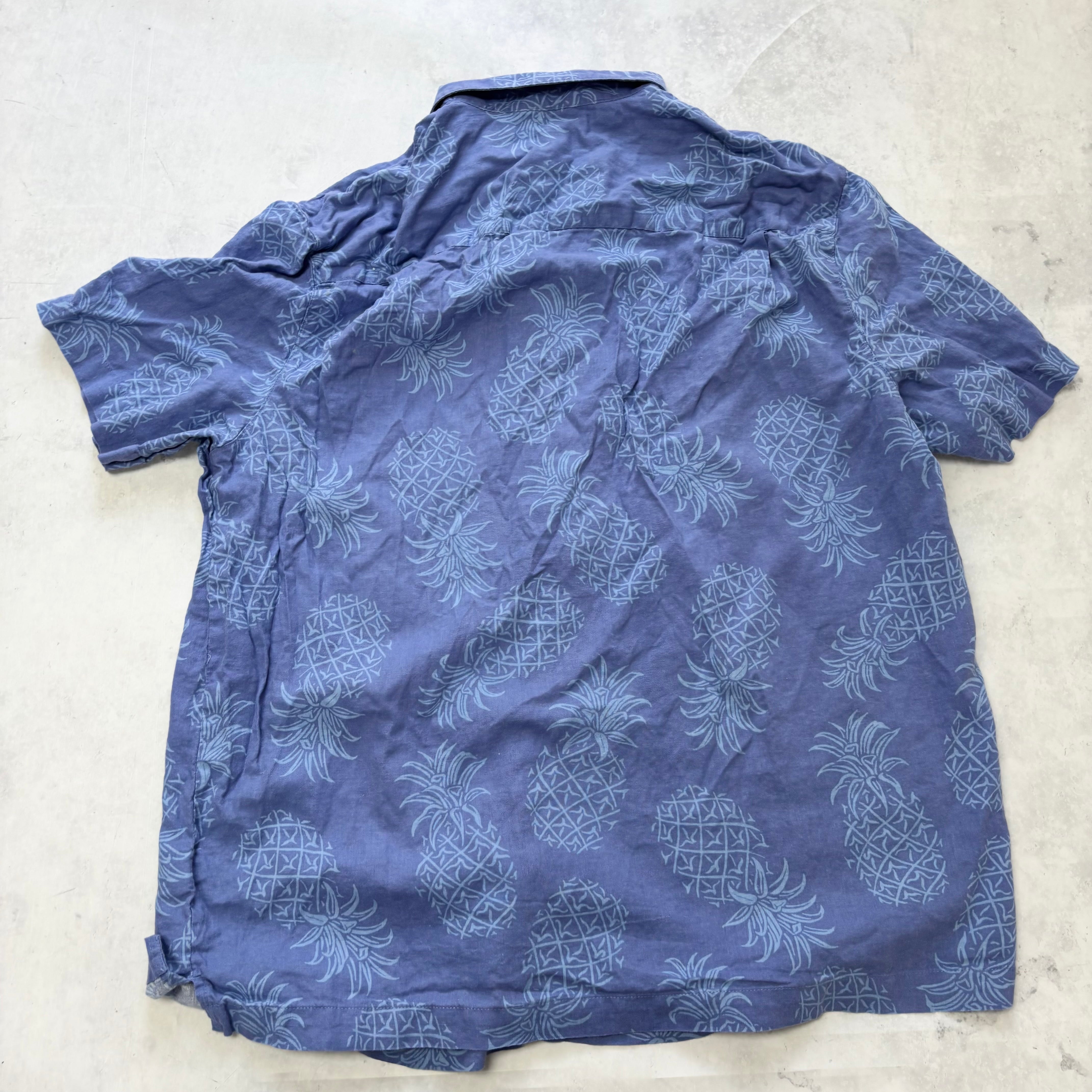George Hawaiian Shirt Mens XL Blue Floral Aloha Short Sleeve Linen Blend