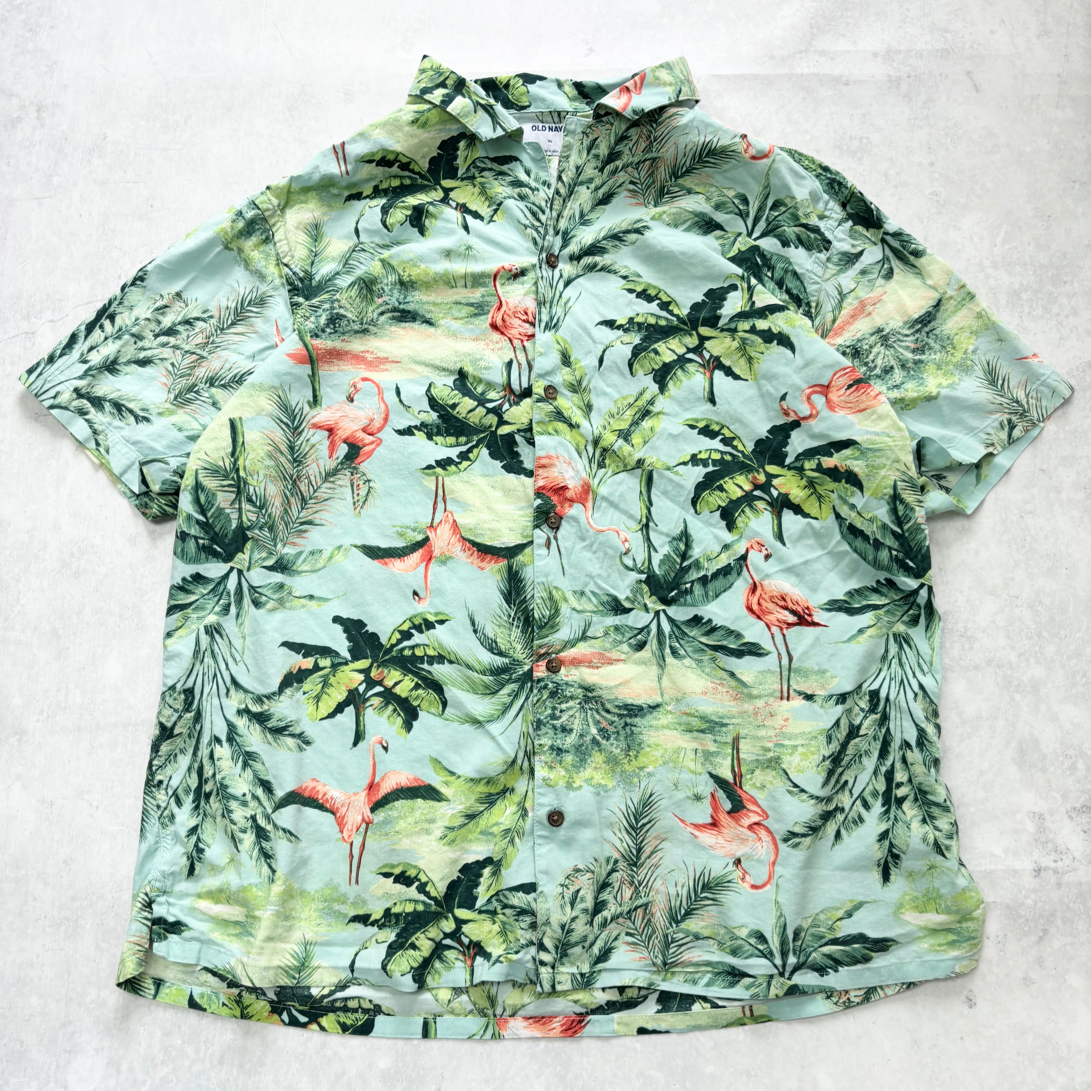 Hawaiian Shirt Mens XL Green Floral Aloha Short Sleeve Viscose (E)