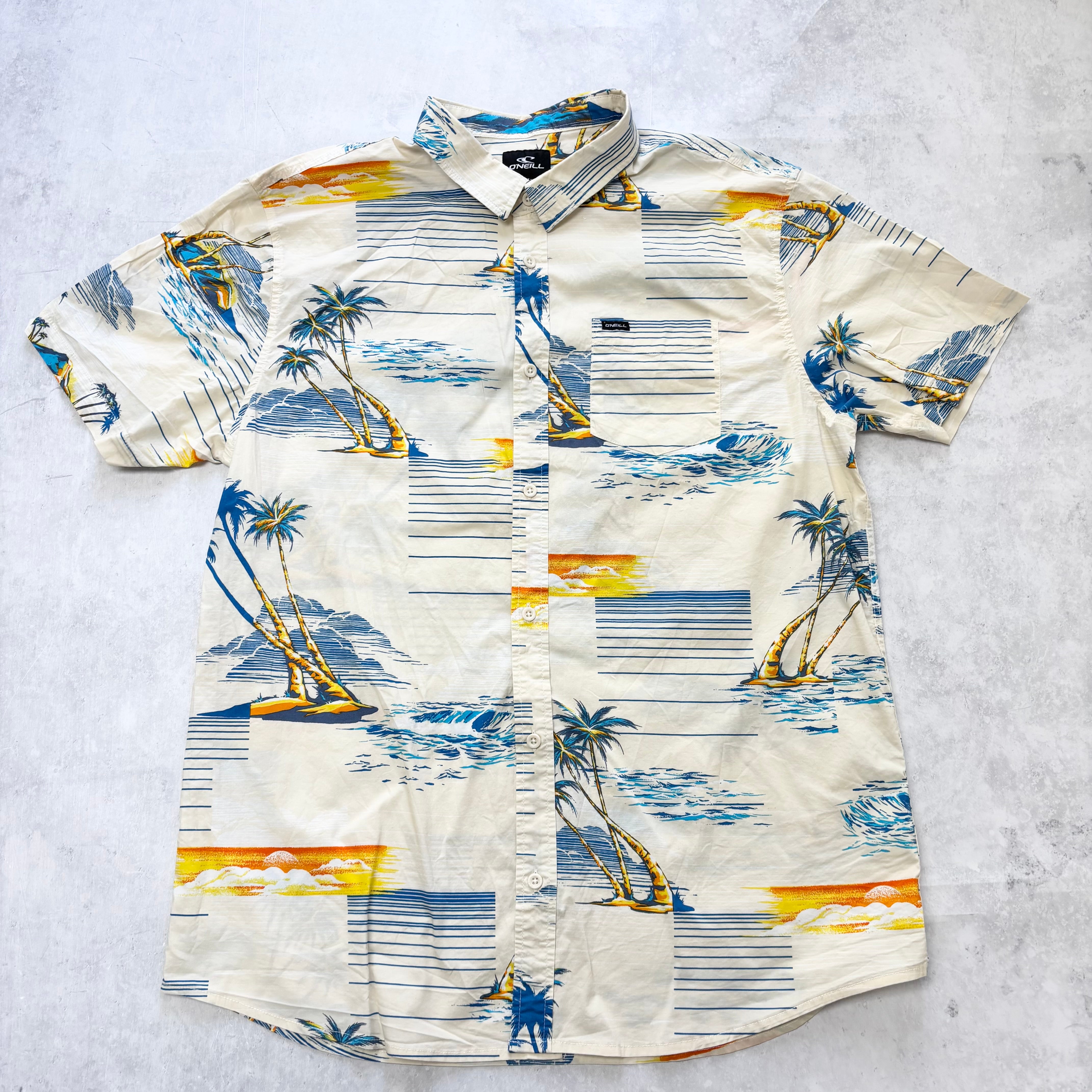 ONeil Hawaiian Shirt Mens XL Yellow Surf Beach Short Sleeve Cotton Slim (E)