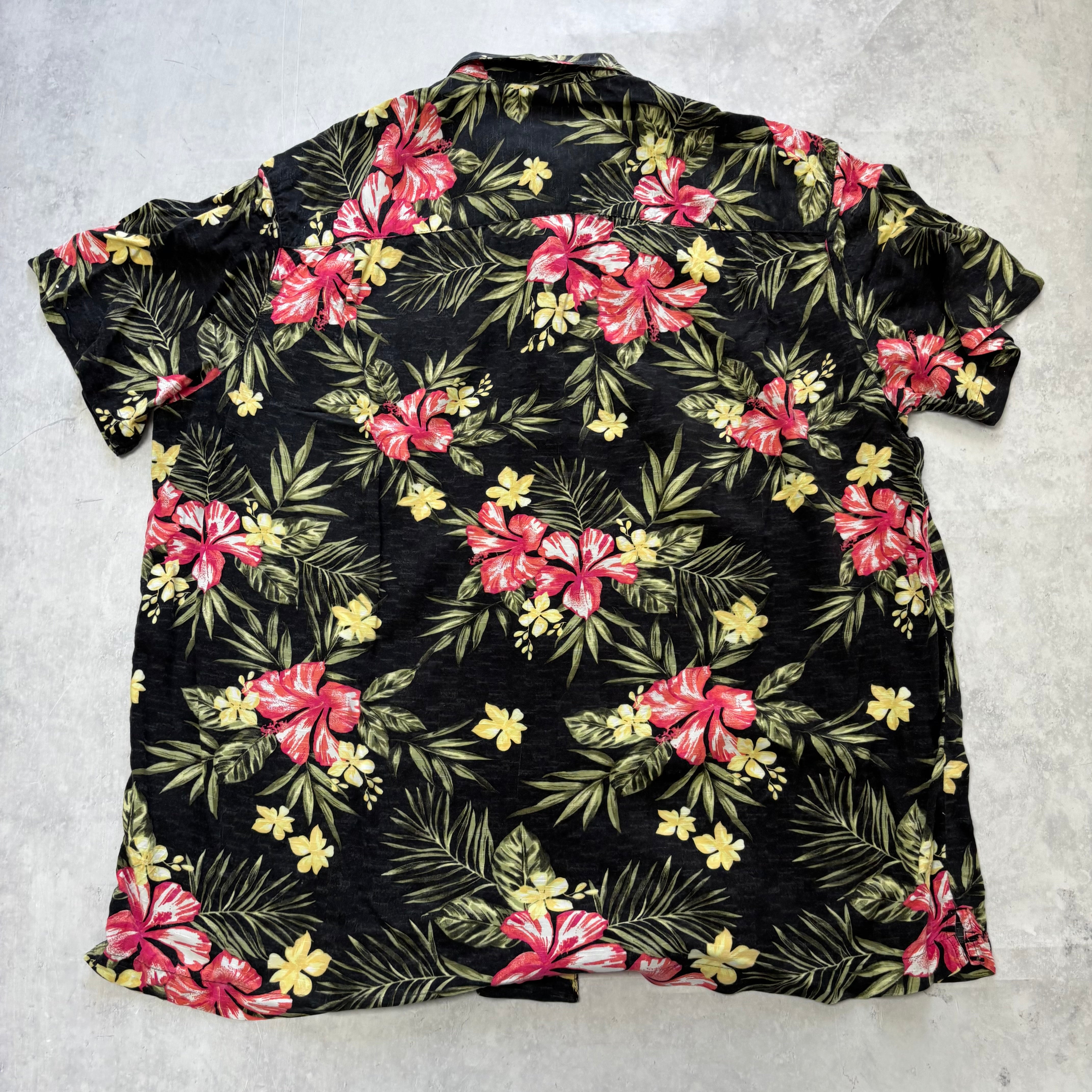 George Hawaiian Shirt Mens XL Black Rayon Floral Aloha Short Sleeve (E)