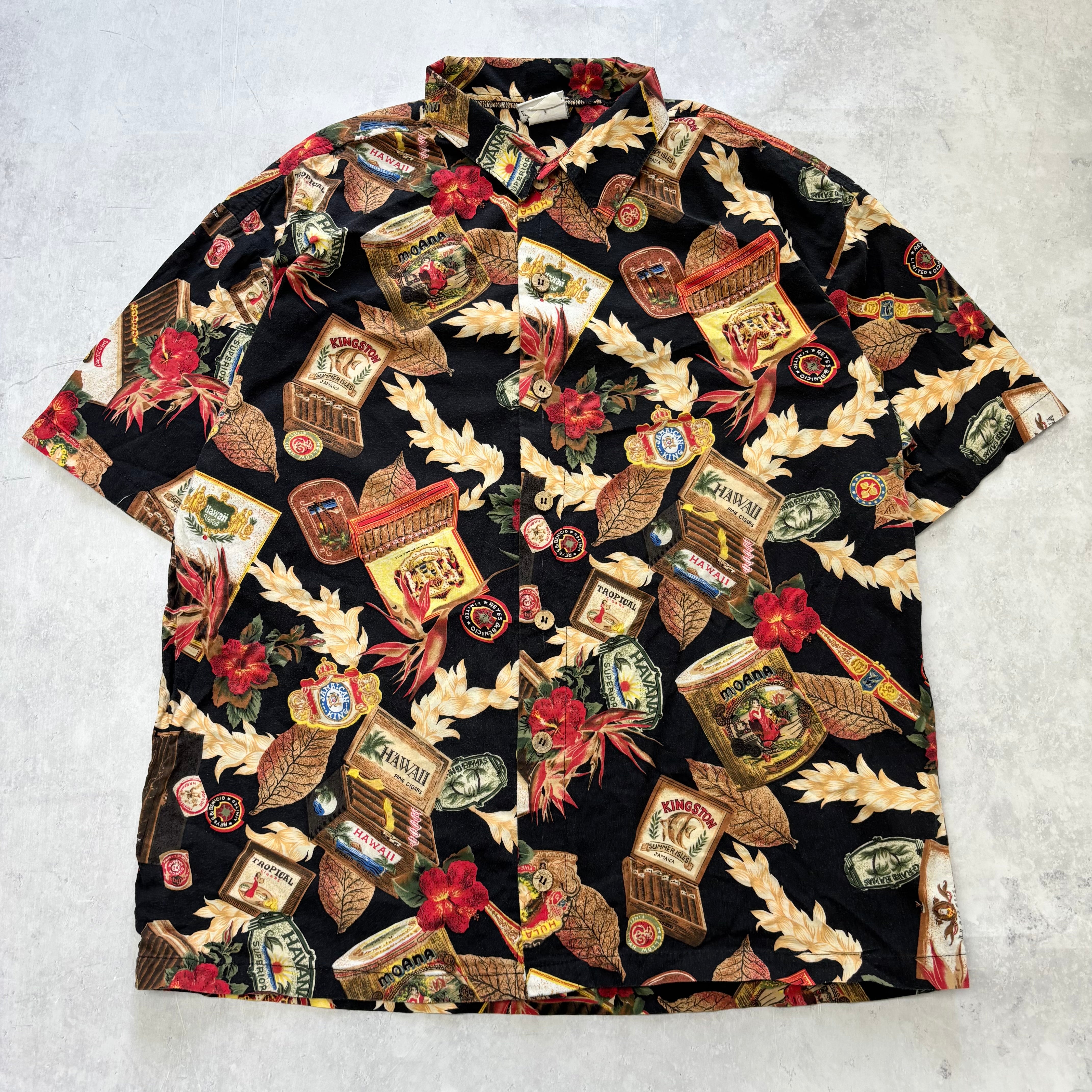 Vintage Hawaiian Shirt Mens Large Black Floral Aloha Short Sleeve Cotton (E)