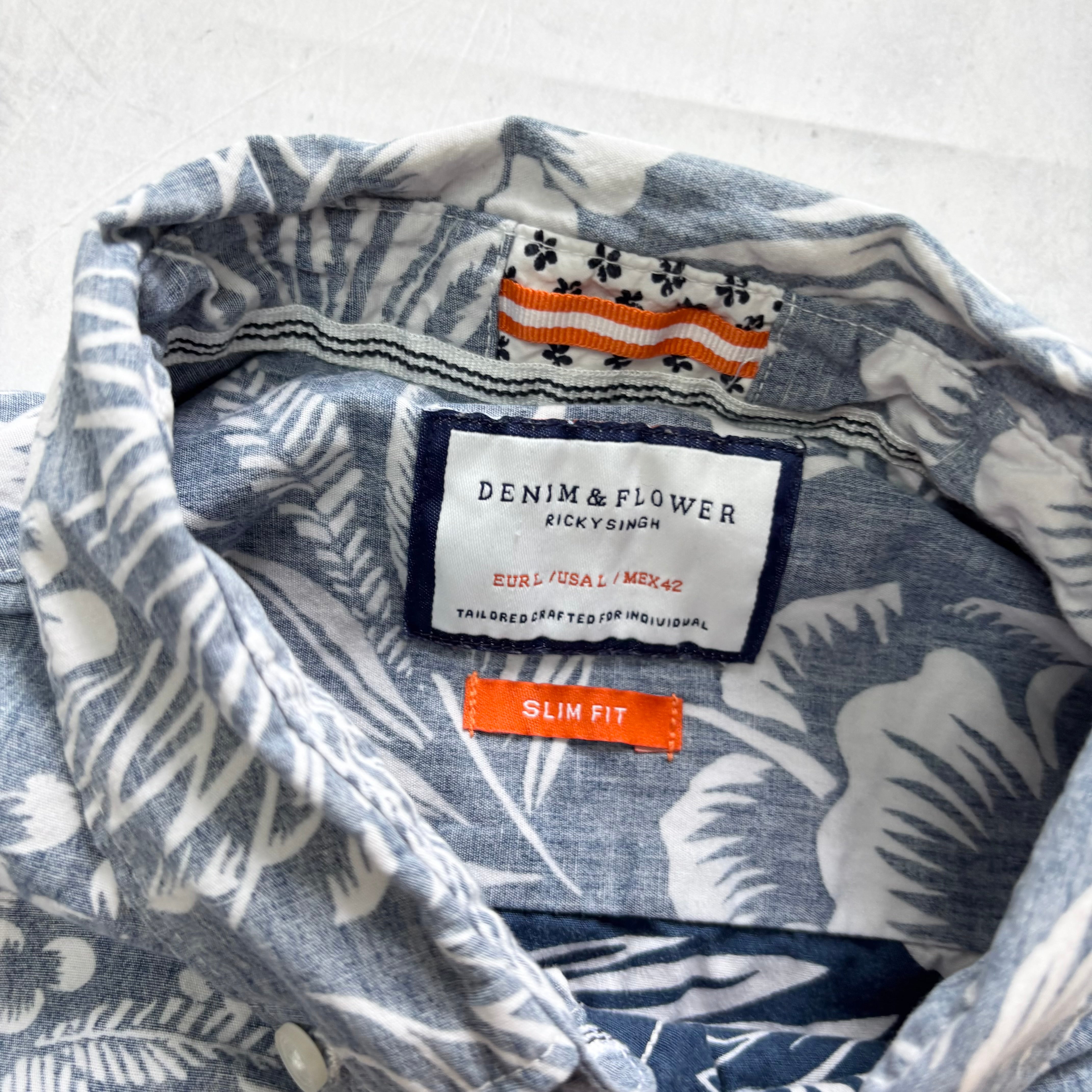 Hawaiian Shirt Mens Large Blue Aloha Short Sleeve Cotton Slim Fit (E)