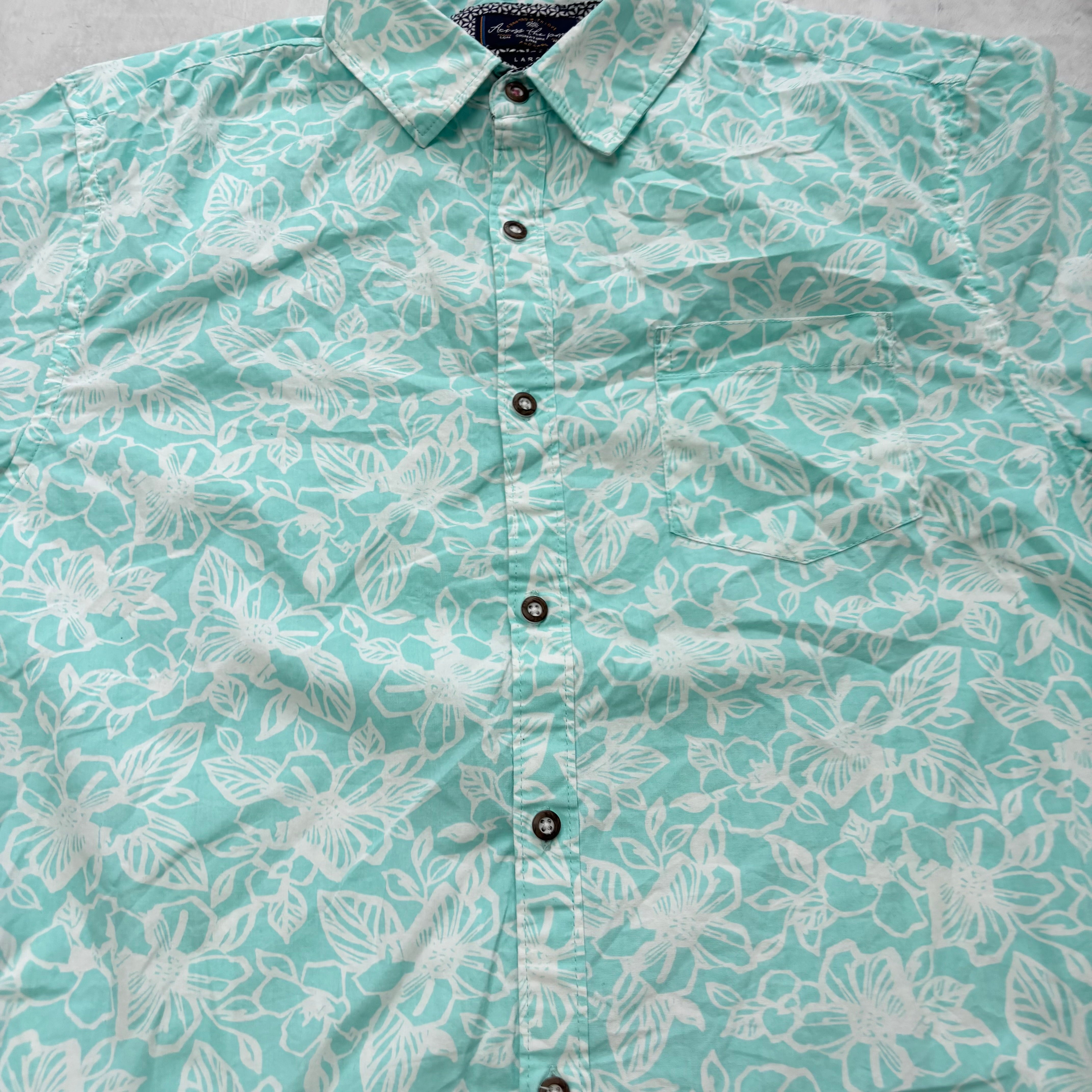 Hawaiian Shirt Mens Large Blue Slim Fit Short Sleeve Cotton (E)
