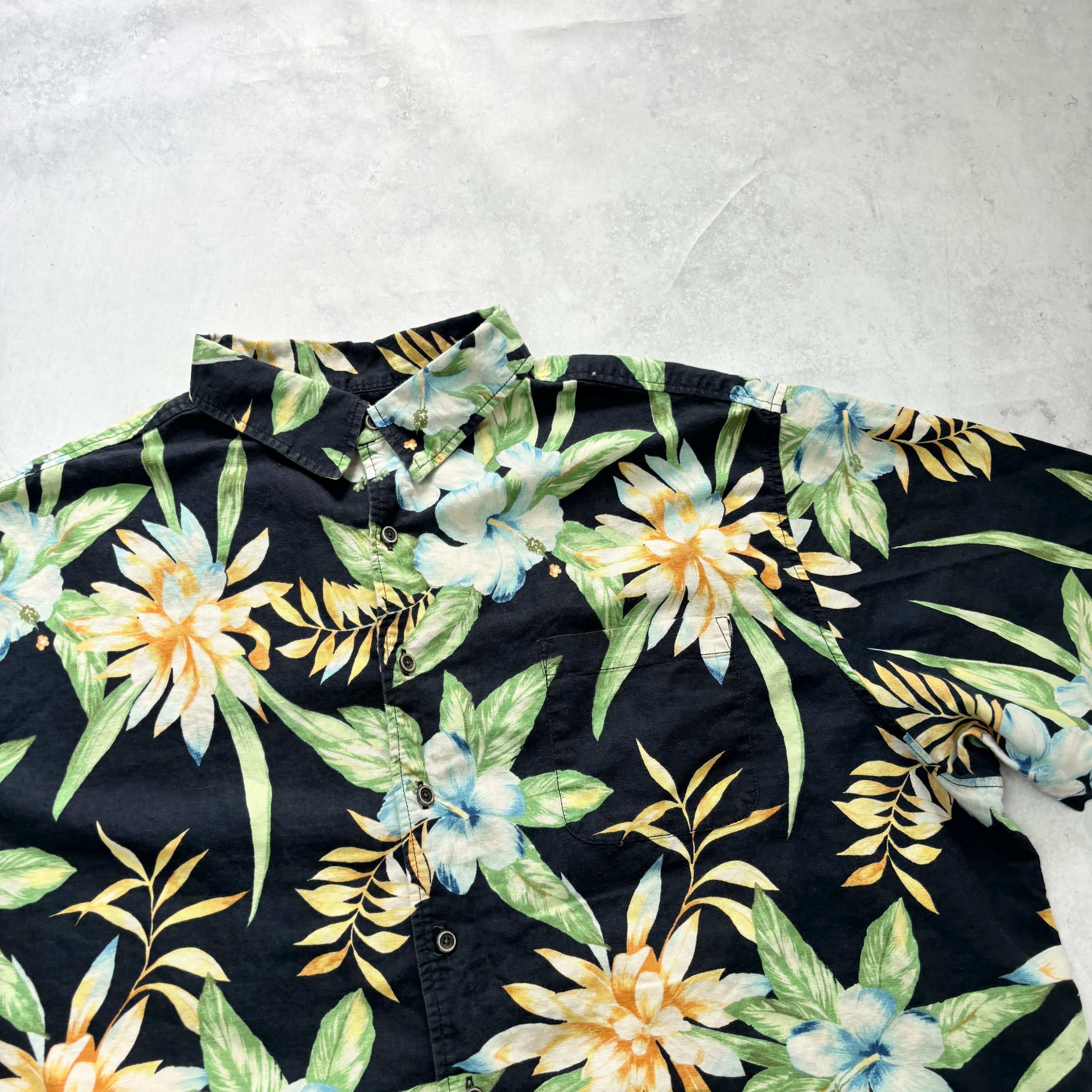 Vintage Hawaiian Shirt Mens 3XB 3XL Black Aloha Floral Short Sleeve Linen (E)