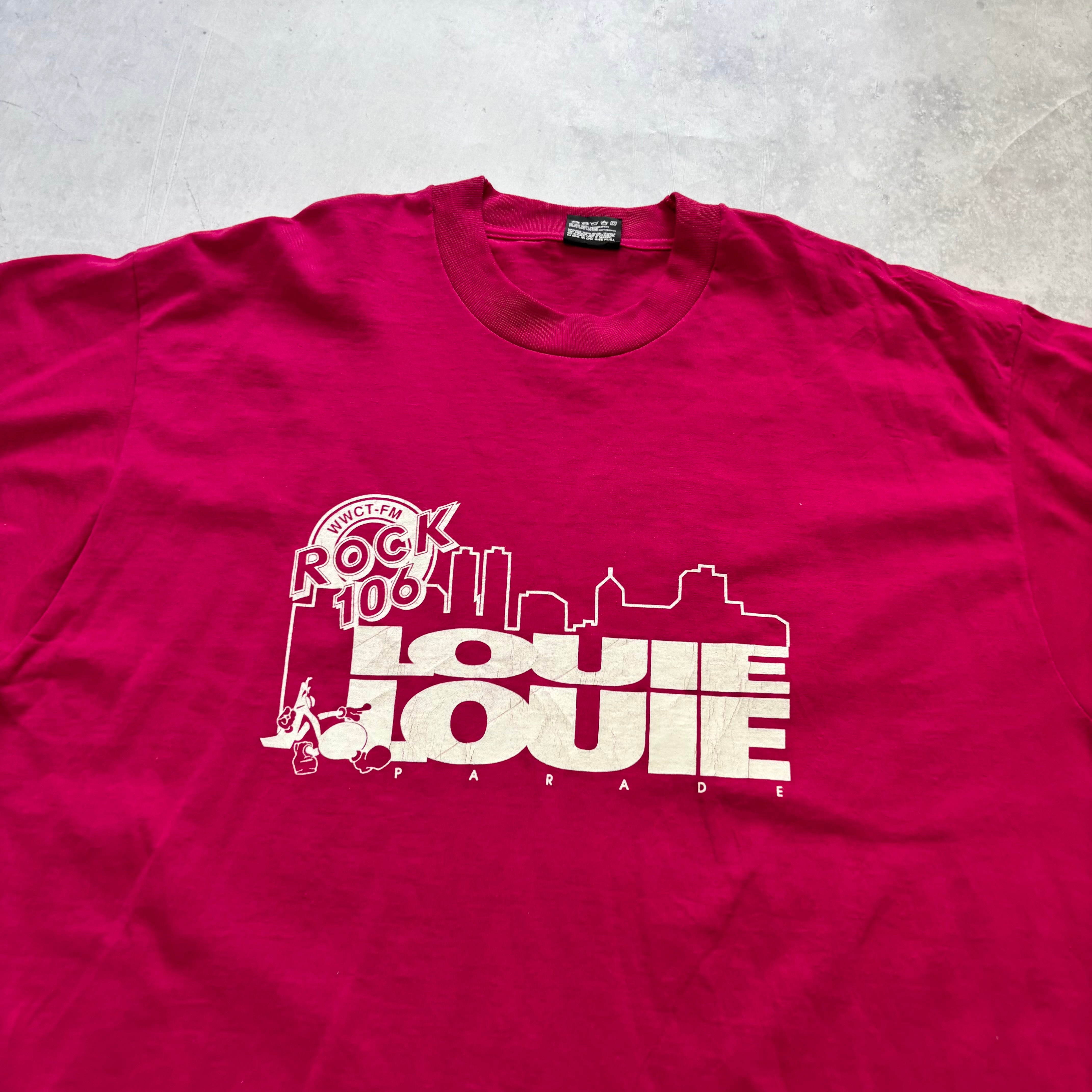 Vintage T Shirt Mens Large Pink Single Stitch Graphic Print 90s Radio Funny (E)