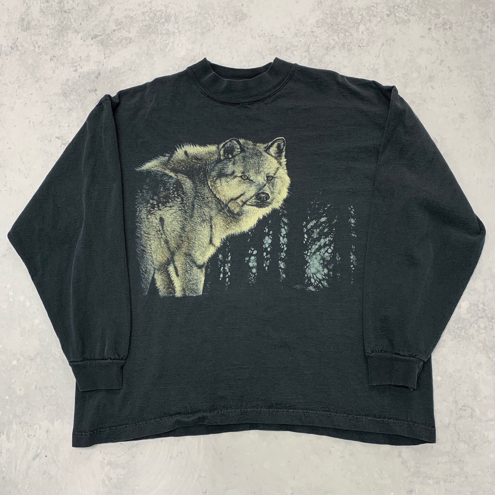 Vintage T Shirt Mens Large Black Graphic Print 90s USA Long Sleeve Nature Wolf