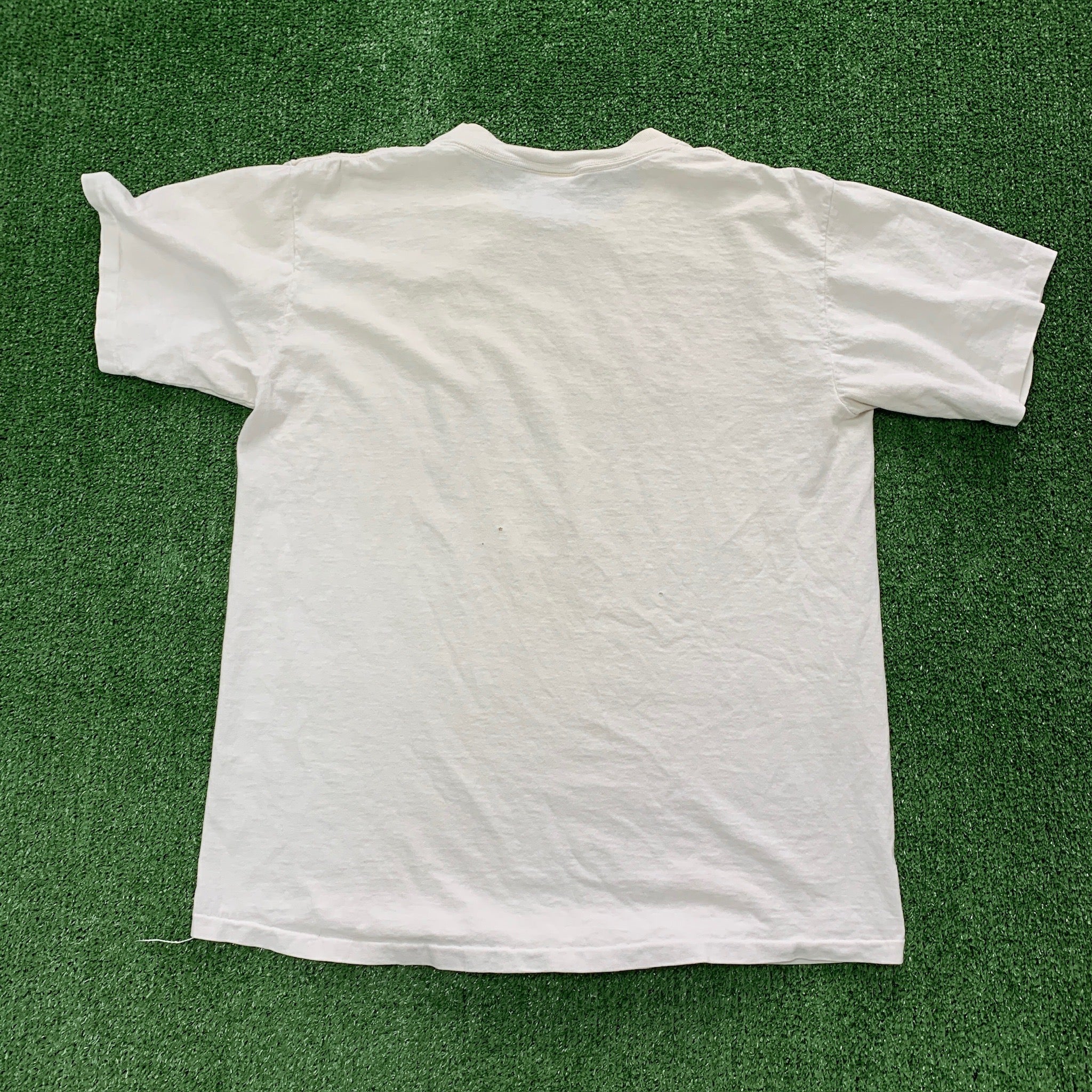 Vintage T Shirt Mens Medium Cream White Single Stitch Graphic Print 90s College