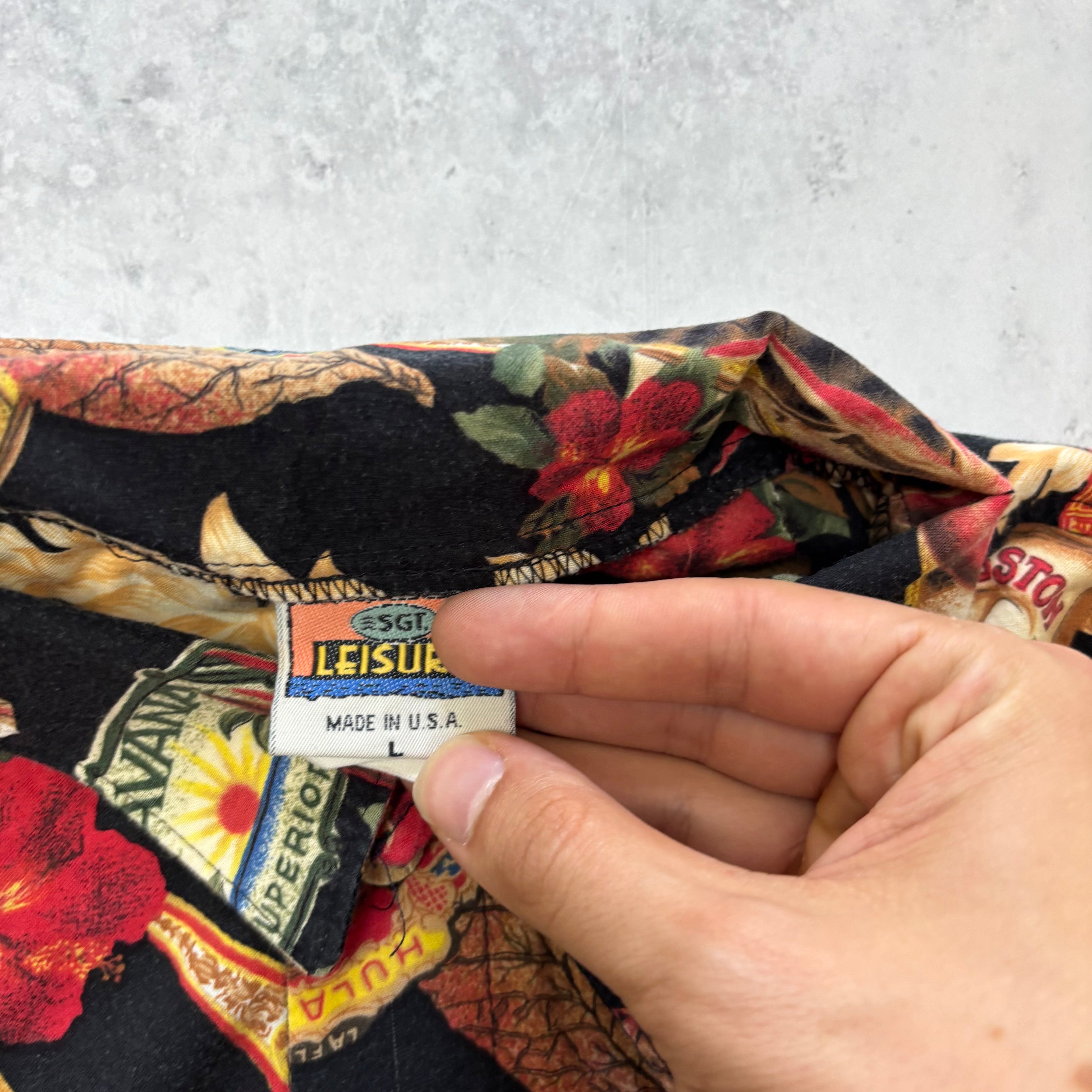 Vintage Hawaiian Shirt Mens Large Black Floral Aloha Short Sleeve Cotton (E)