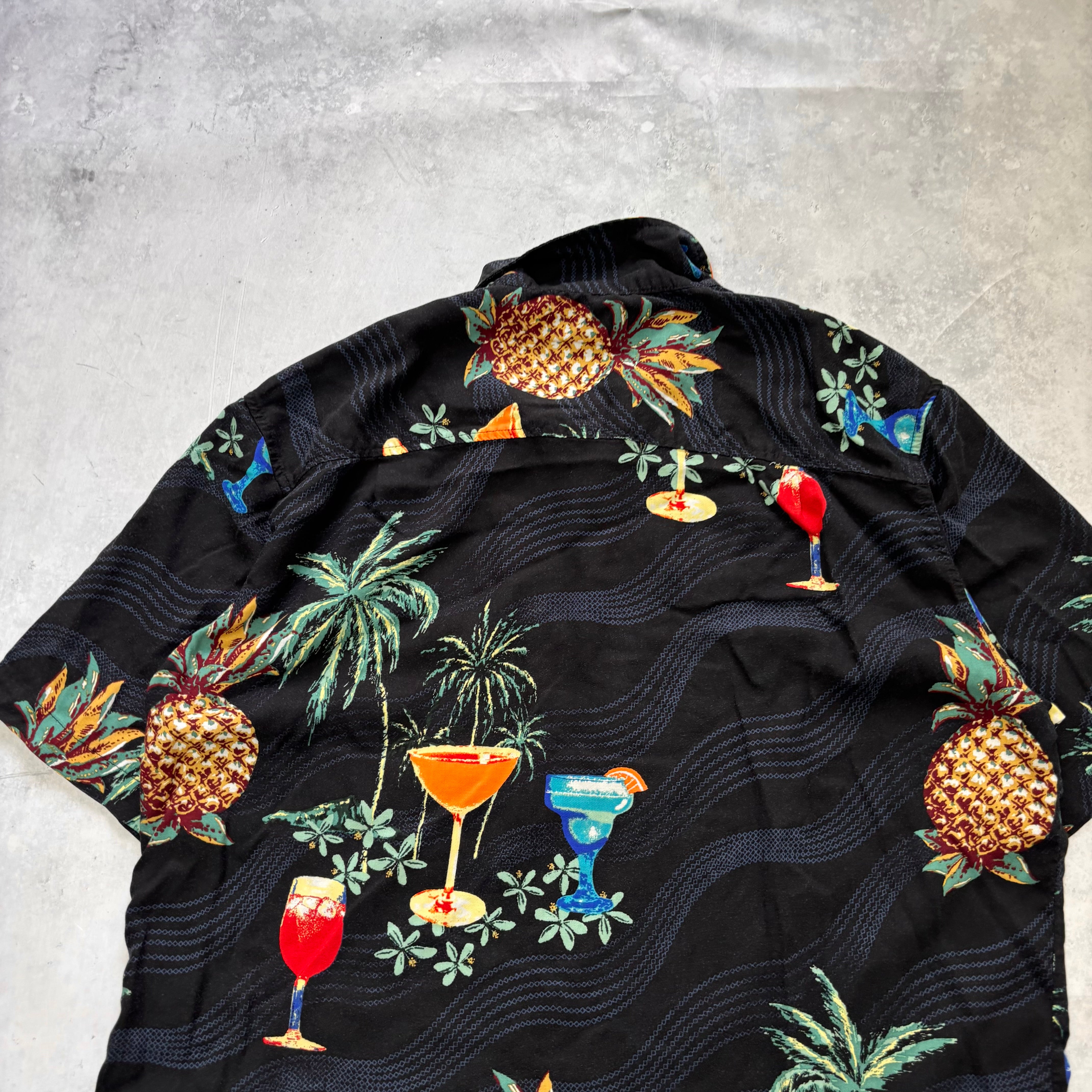 Vintage Hawaiian Shirt Mens Large Black Floral Aloha Short Sleeve Rayon (E)