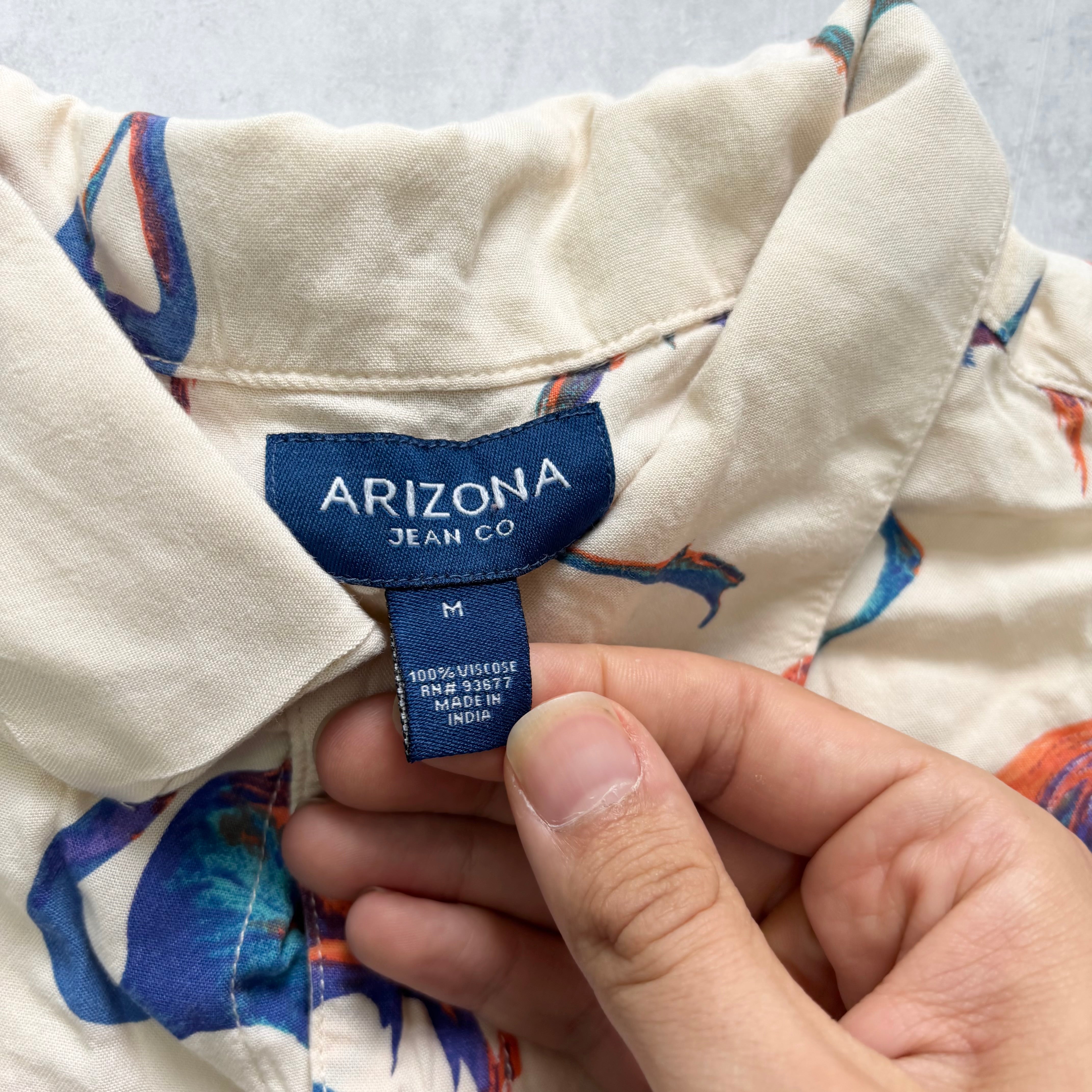 Arizona Jean Co. Shirt Mens Medium Cream Flamingos Short Sleeve Viscose (E)