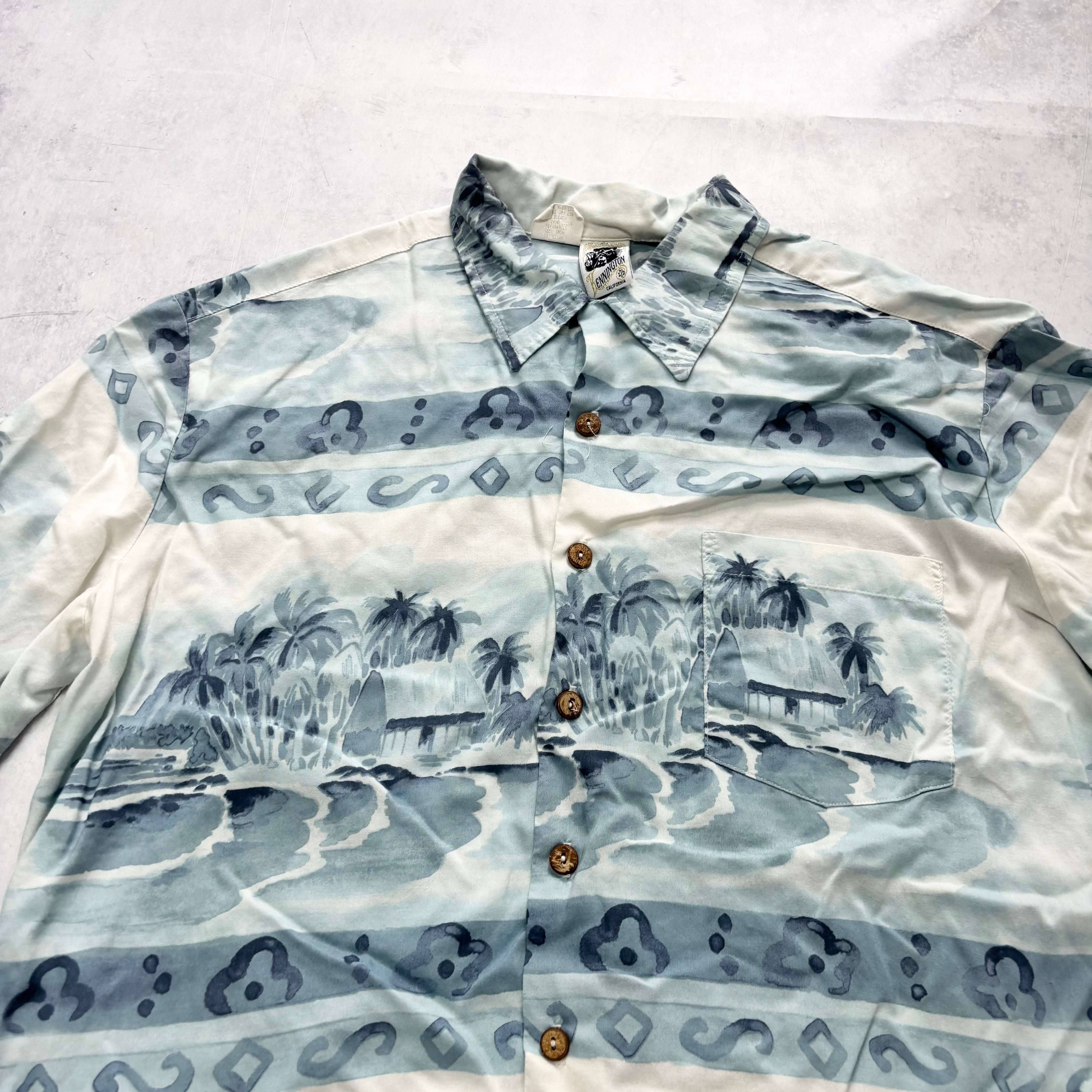Vintage Hawaiian Shirt Mens XL Blue White Floral Aloha Short Sleeve Rayon (E)