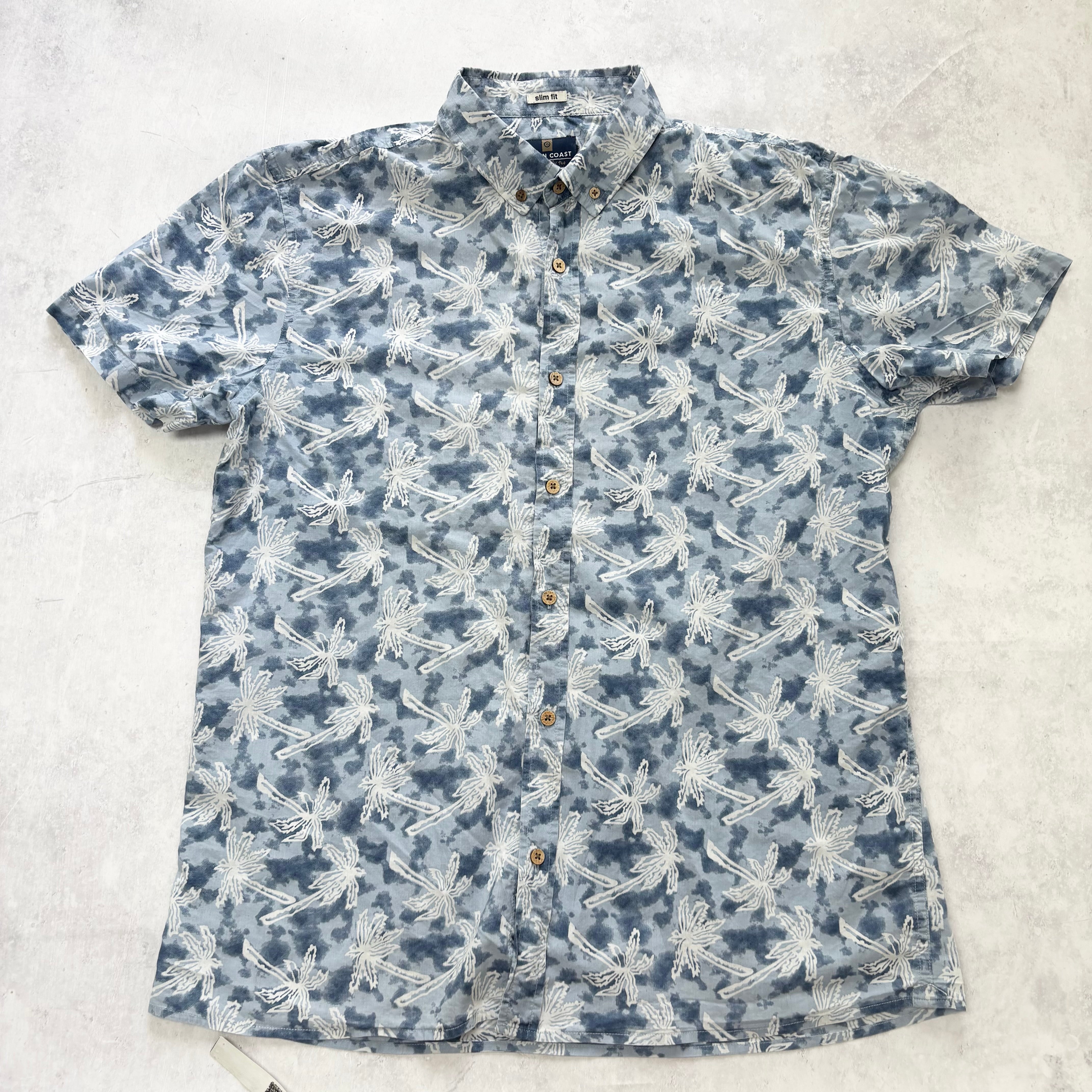 Hawaiian Shirt Mens Large Blue Aloha Floral Short Sleeve Cotton Slim Fit (E)