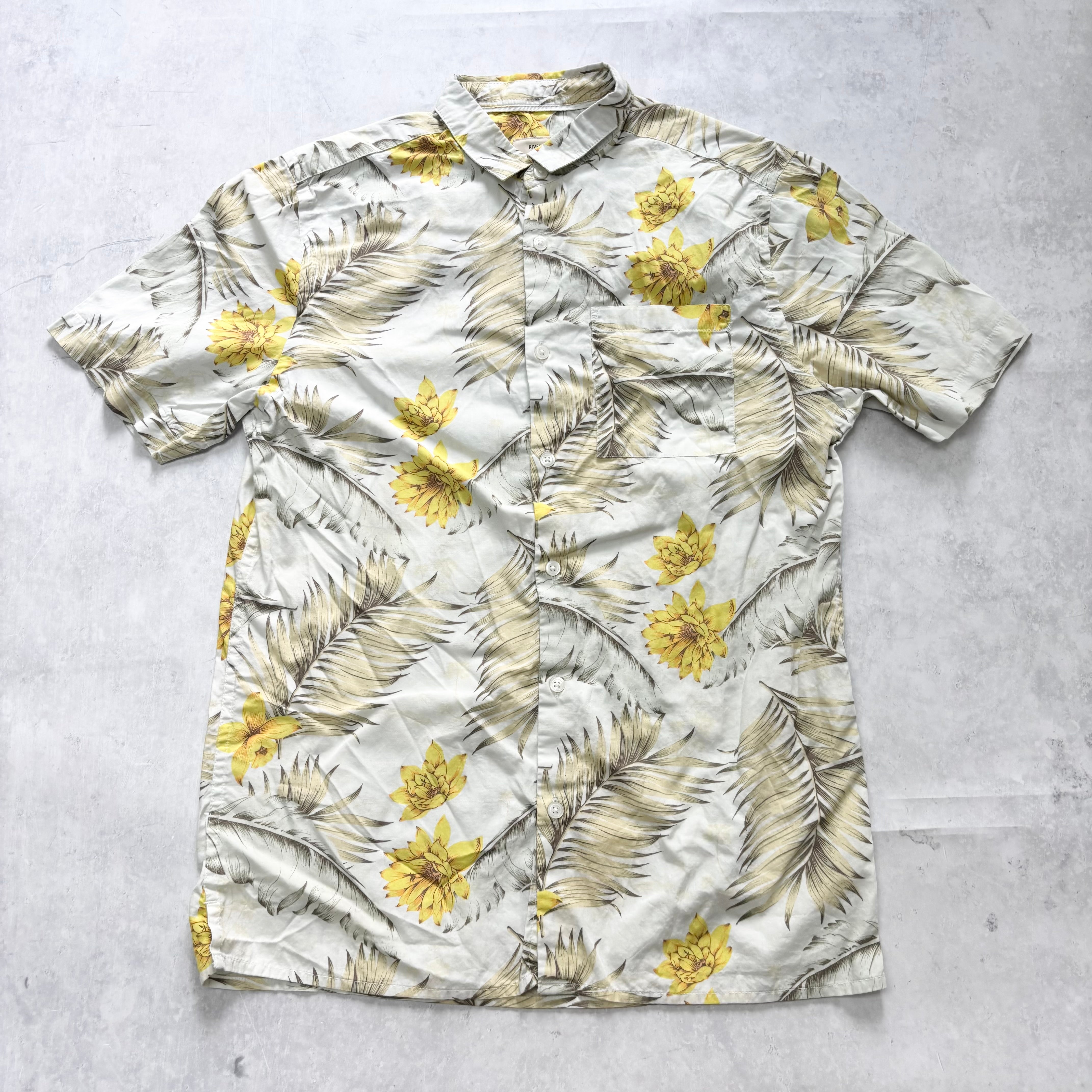 River Island Hawaiian Shirt Mens Small Yellow Floral Aloha Short Sleeve Rayon (E)