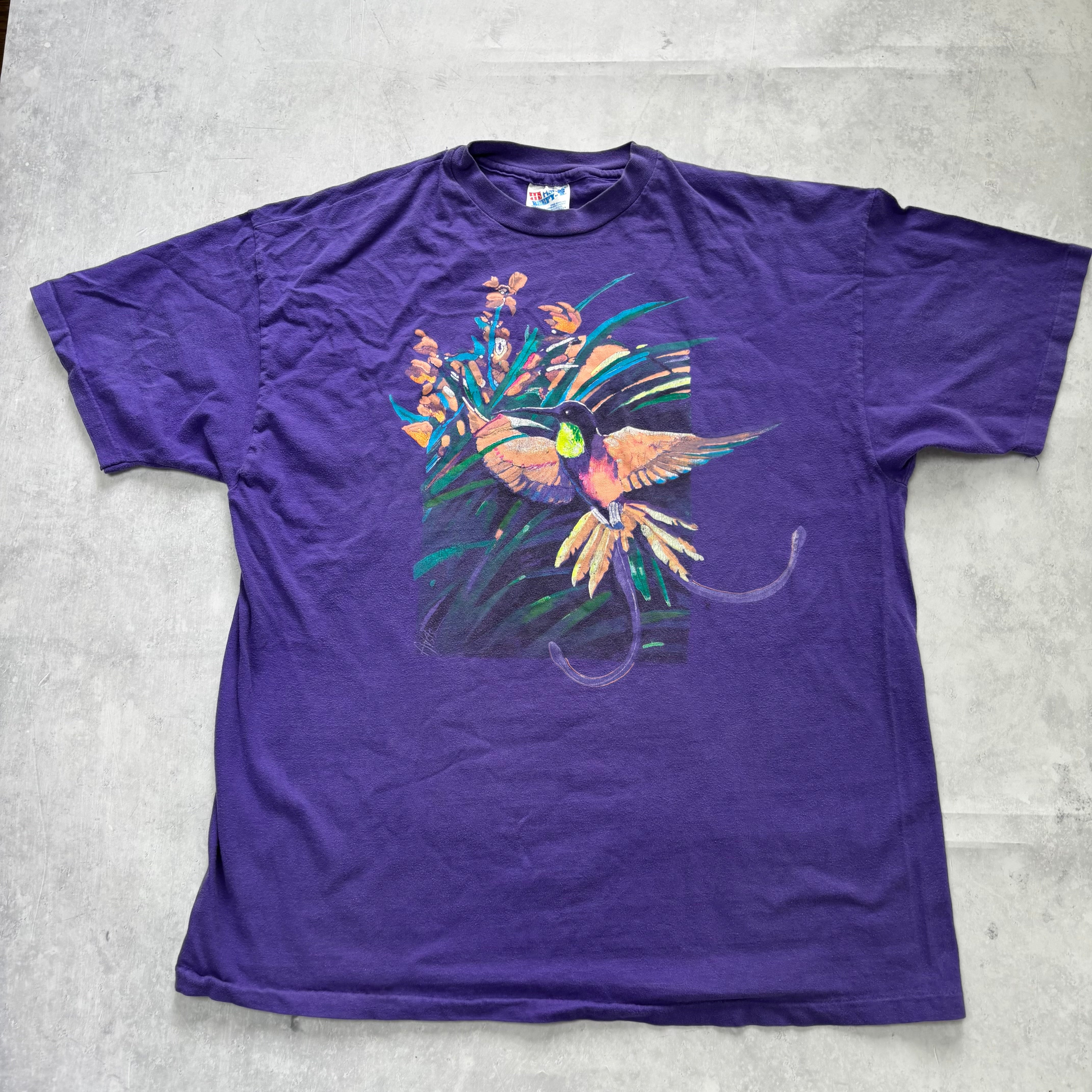 Vintage T Shirt Mens XL Purple Single Stitch Graphic Print 90s Flowers Birds