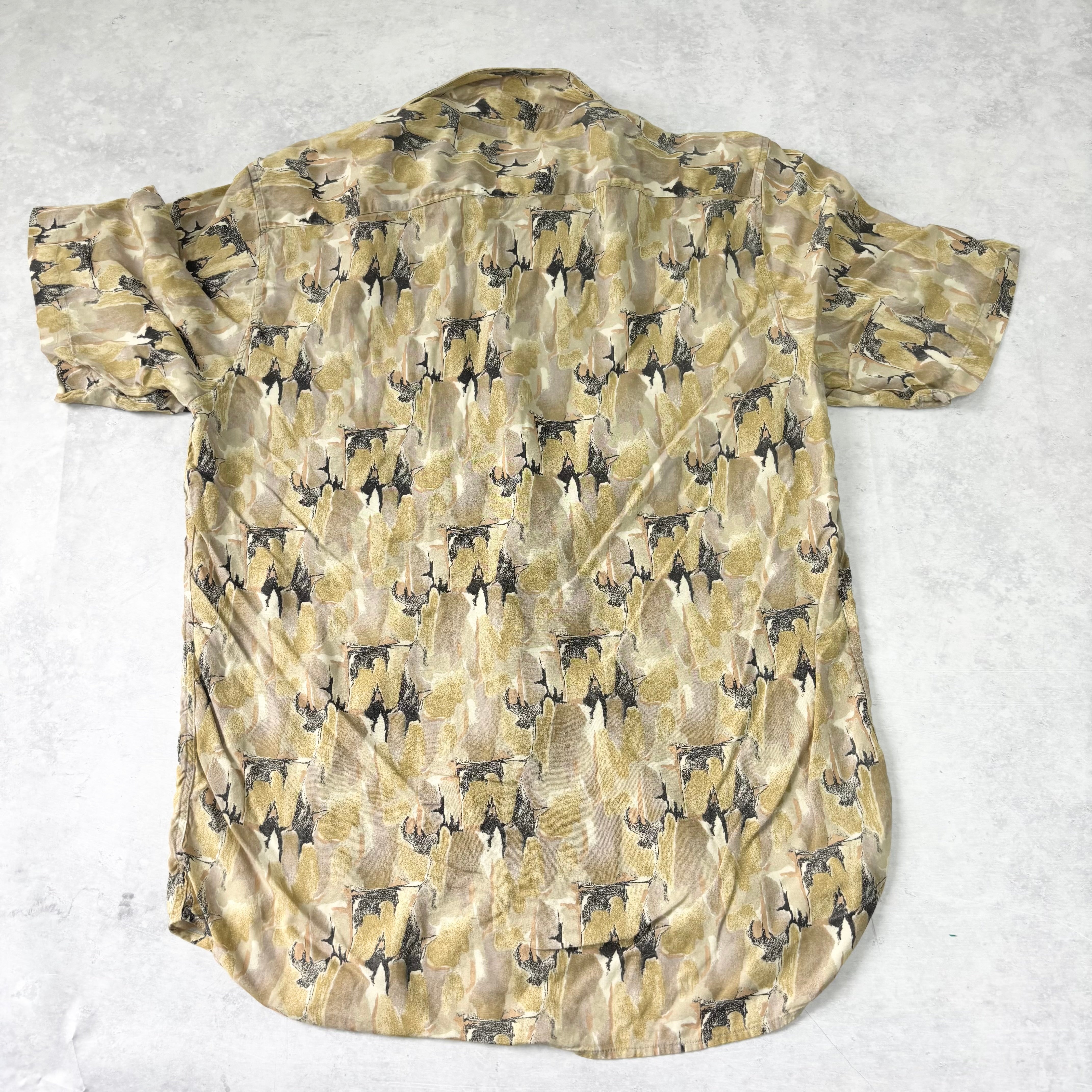 Vintage Funky Shirt Mens Large Yellow Abstract Pattern Short Sleeve Rayon