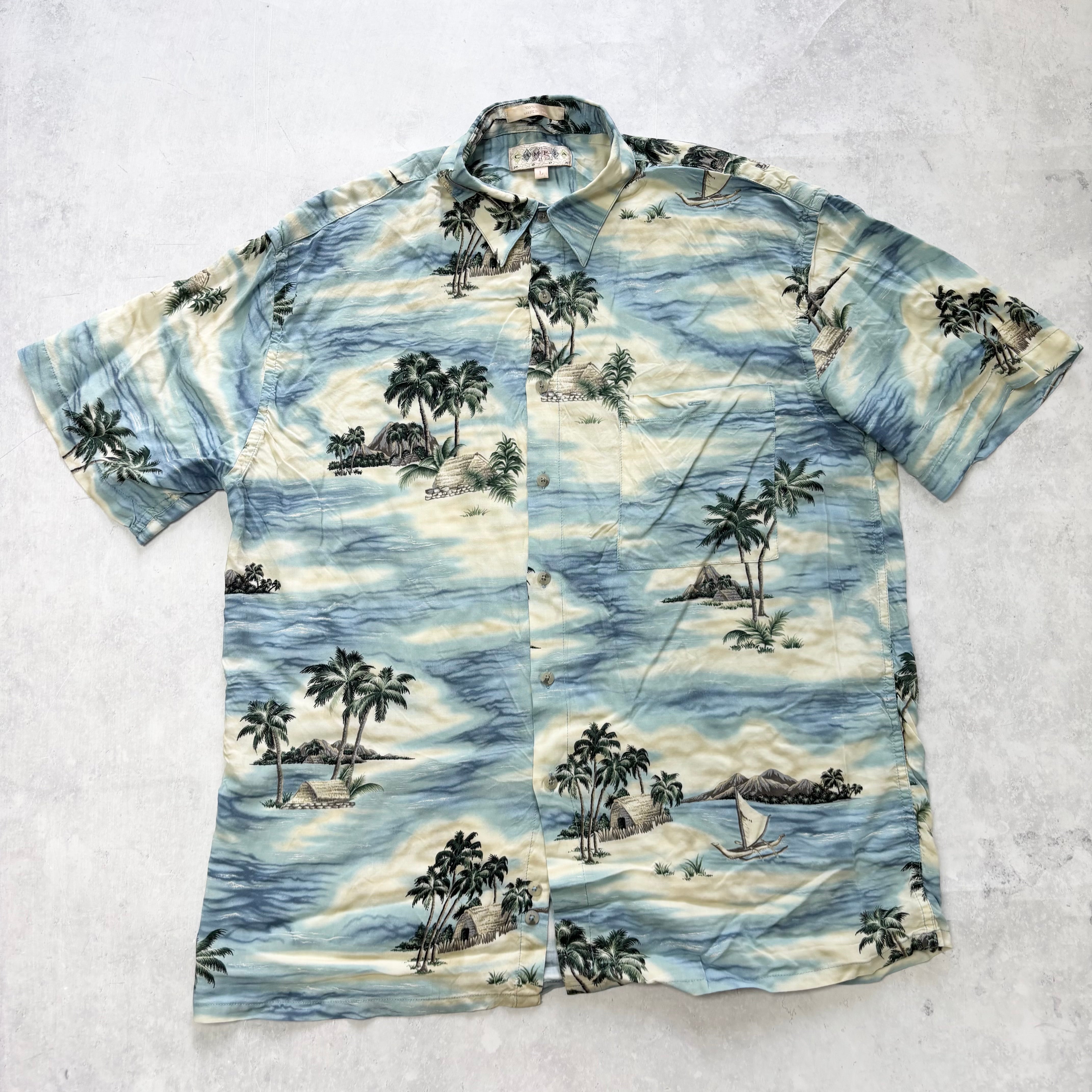 Vintage Hawaiian Shirt Mens Large Blue Floral Aloha Short Sleeve Rayon (E)