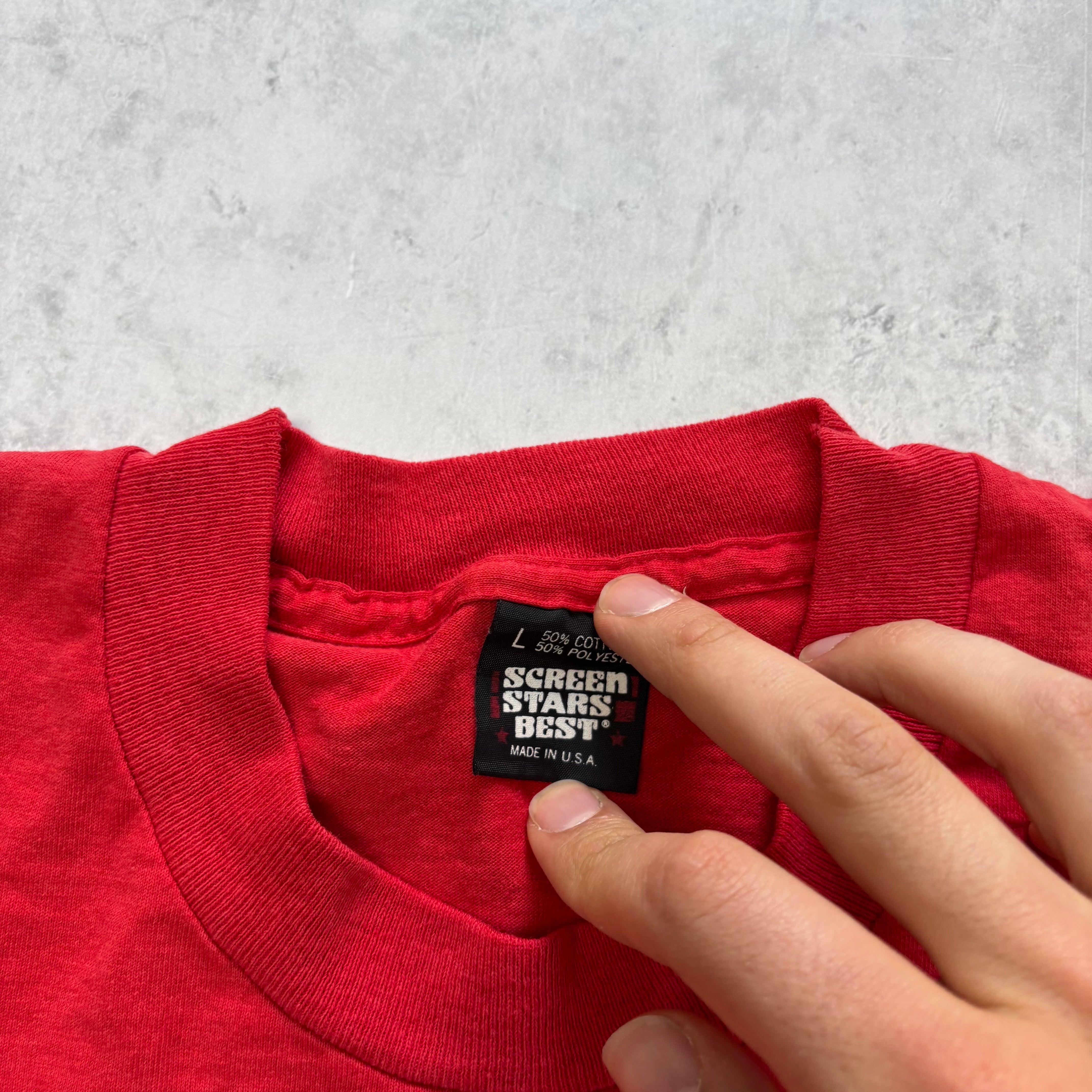 Vintage T Shirt Mens Medium Red Single Stitch Graphic Print 90s USA Military (E)