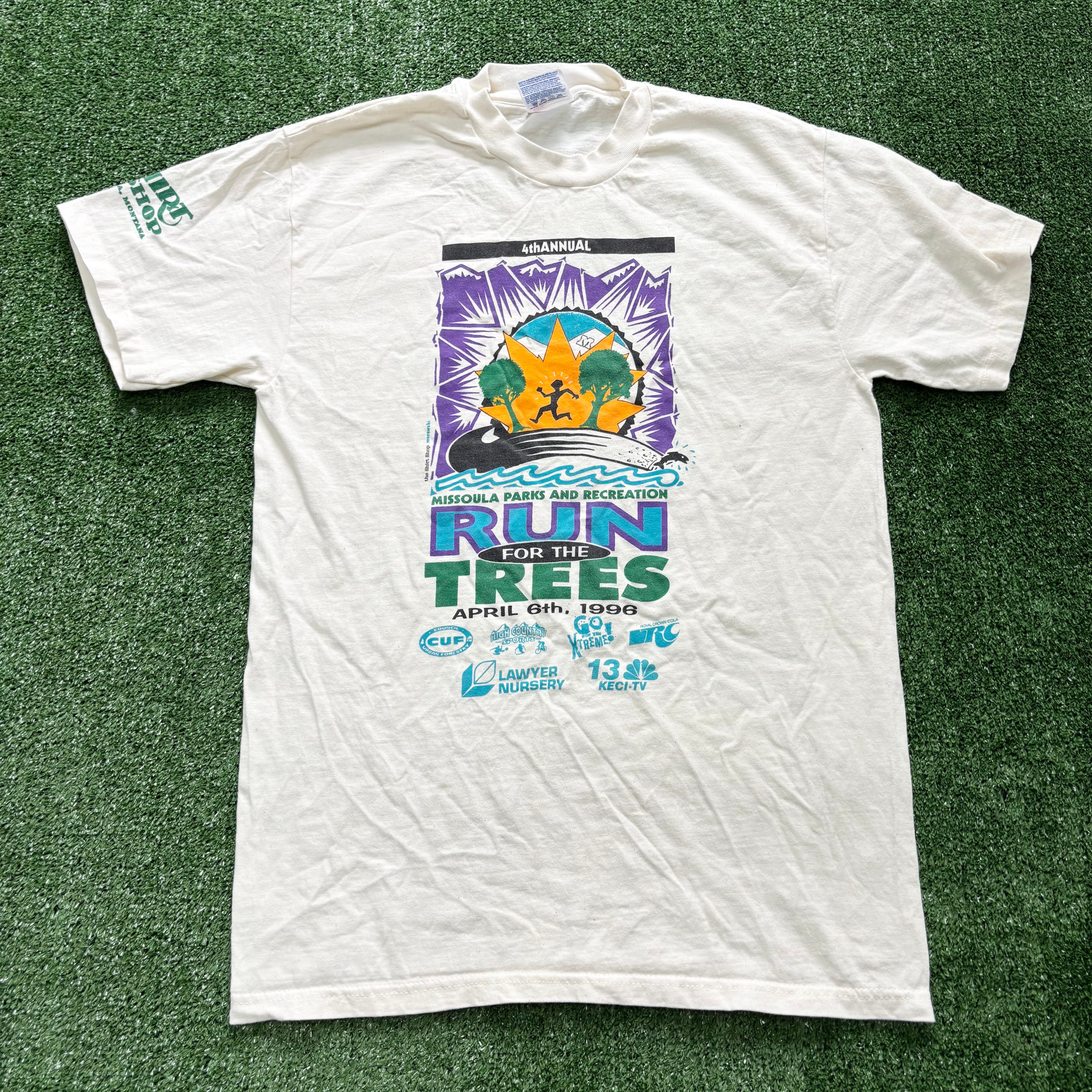 Vintage T Shirt Mens Medium Cream Beige Single Stitch Graphic Print 90s USA (E)