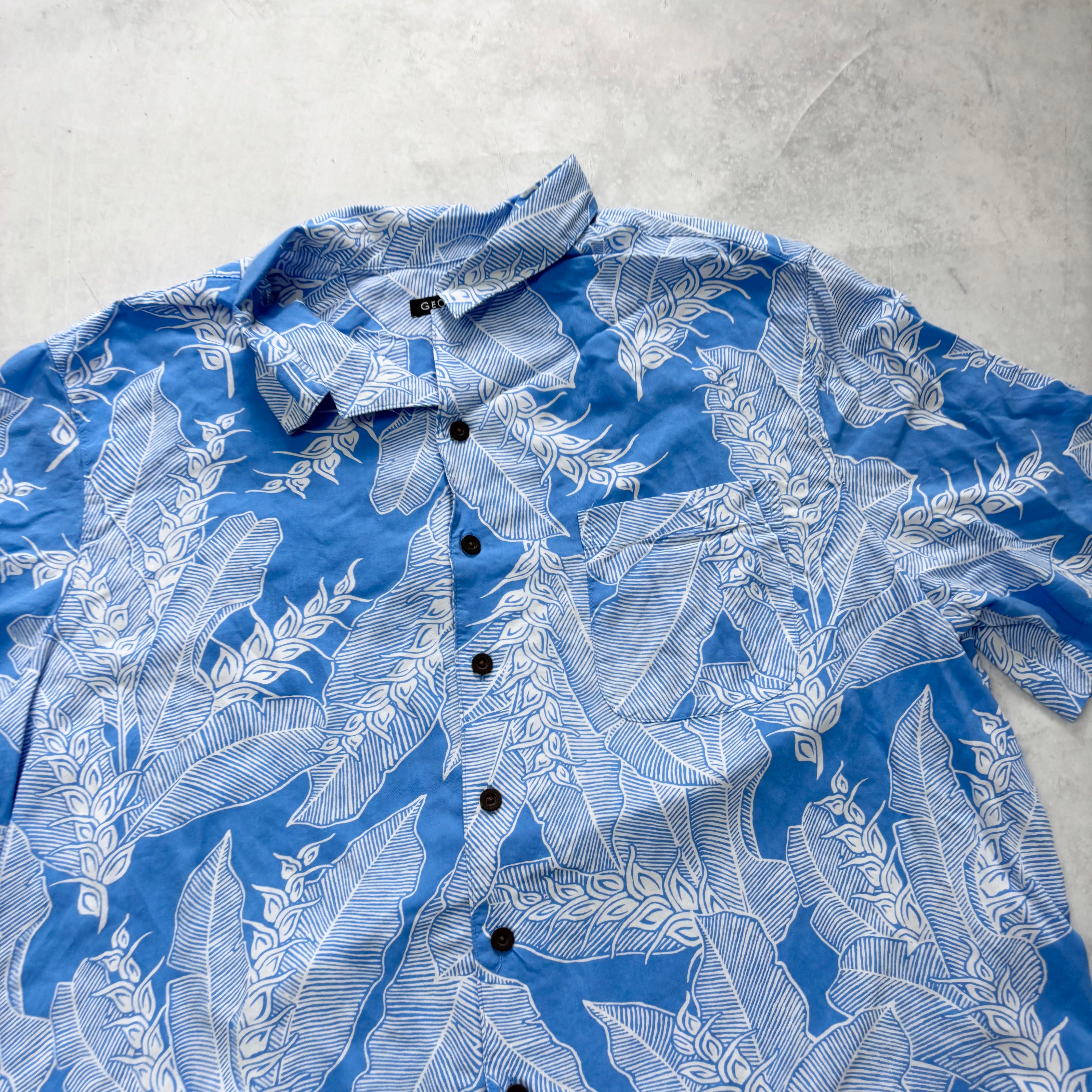 Hawaiian Shirt Mens XXL Blue Floral Aloha Short Sleeve Rayon (E)