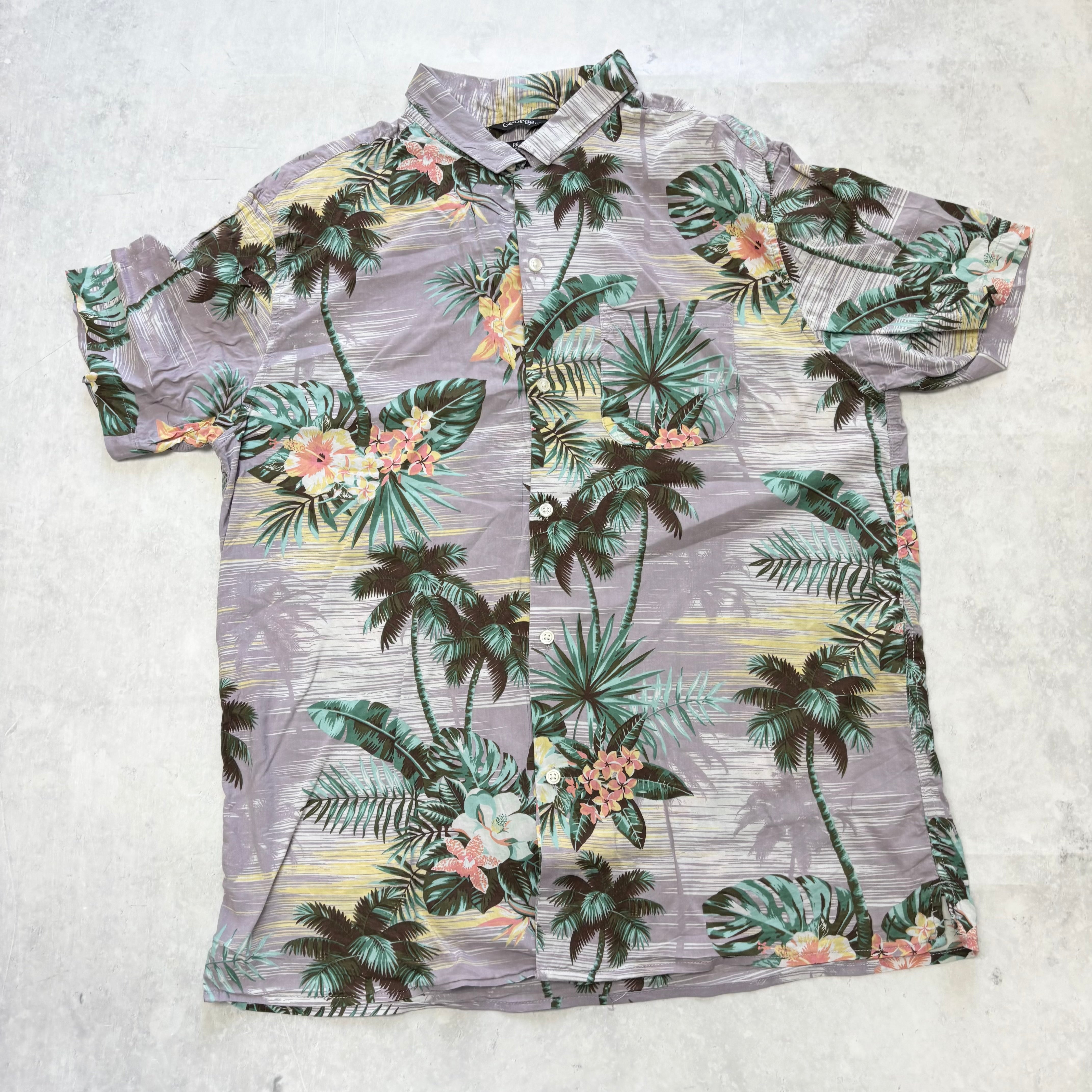 Hawaiian Shirt Mens Large Purple Floral Aloha Short Sleeve Cotton Blend (E)