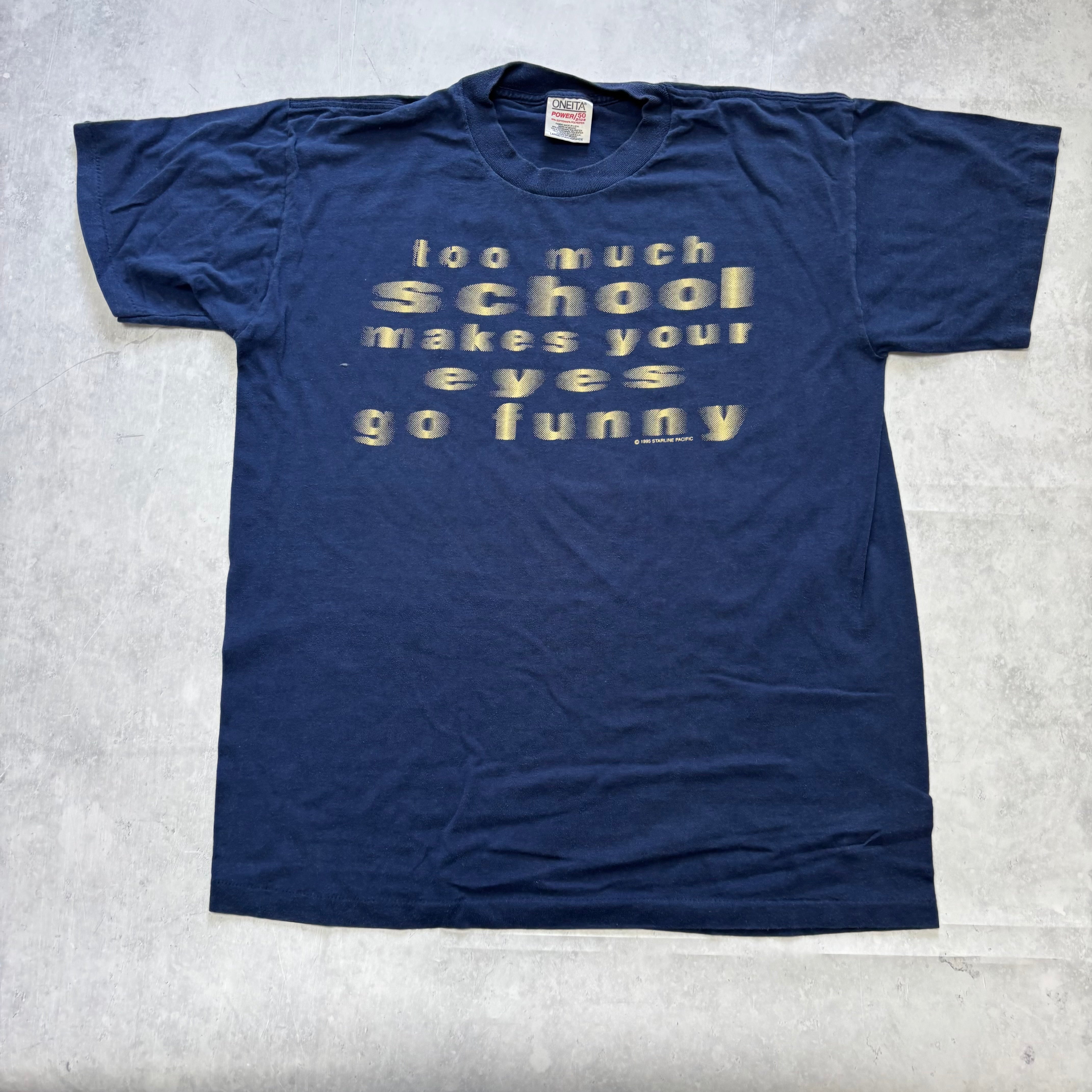 Vintage T Shirt Mens Medium Navy Blue Single Stitch Graphic Print 90s Funny