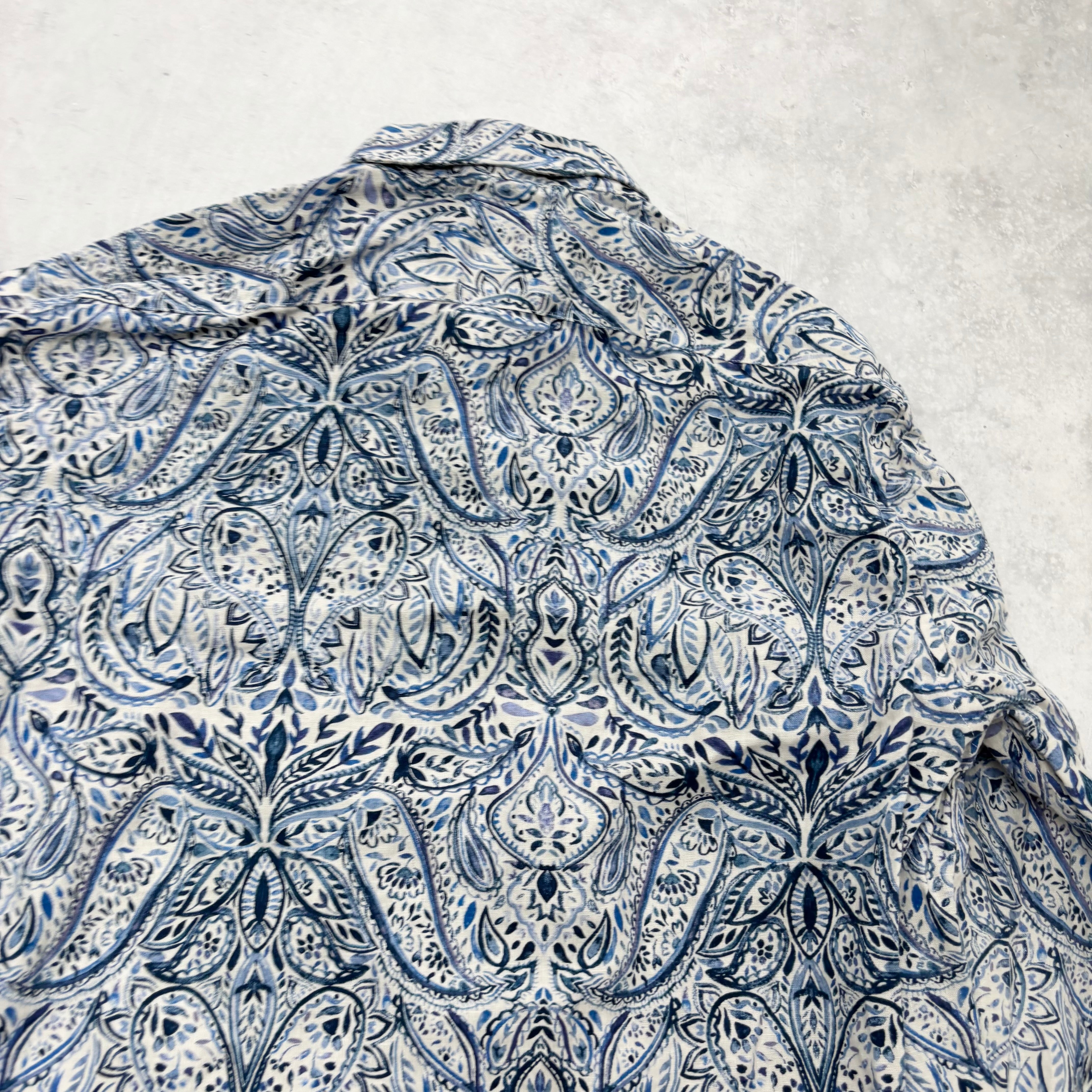 Mens Patterned Shirt Large Blue Abstract Print Long Sleeve Linen (E)