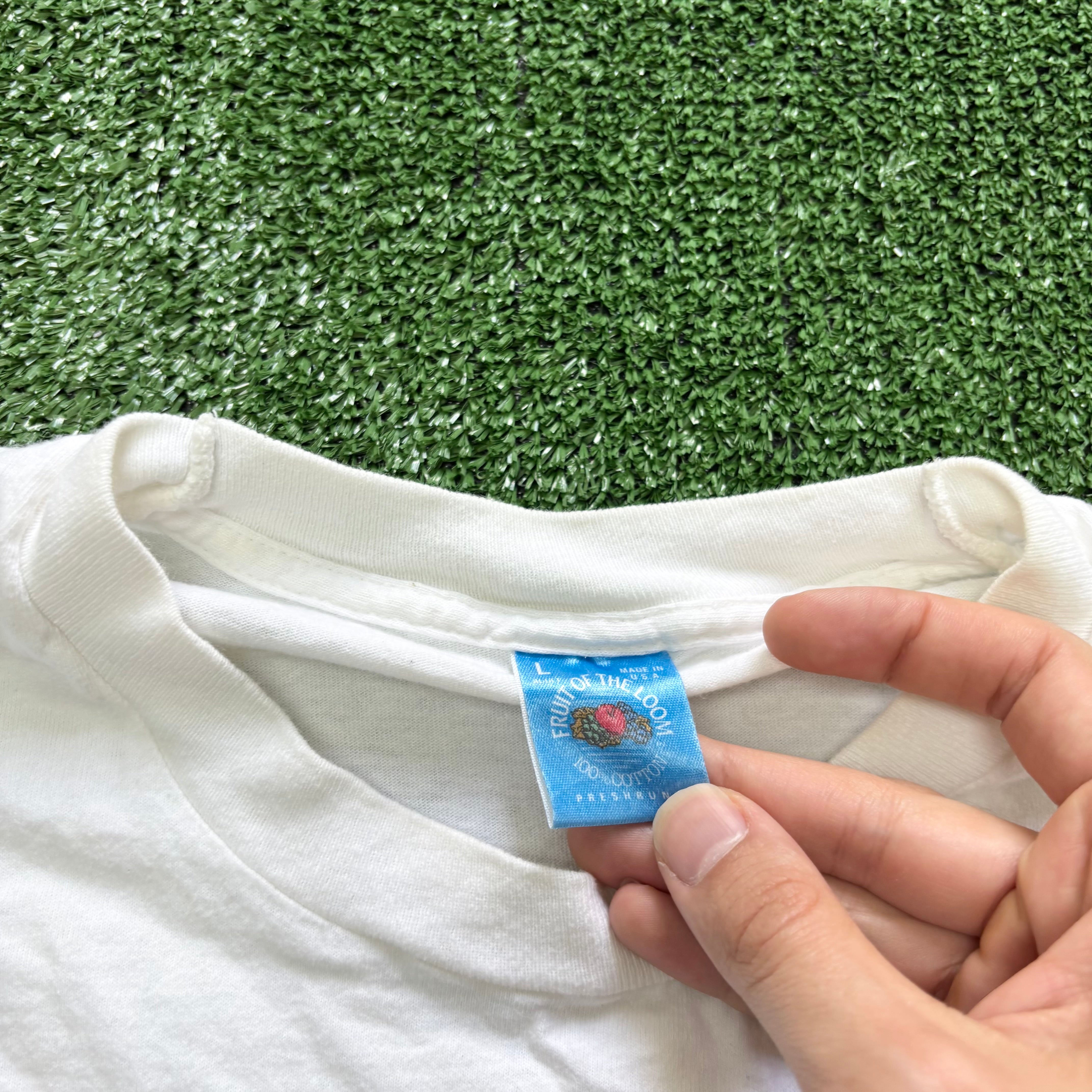 Vintage T Shirt Mens Large White Single Stitch Graphic Print 90s USA Run (E)