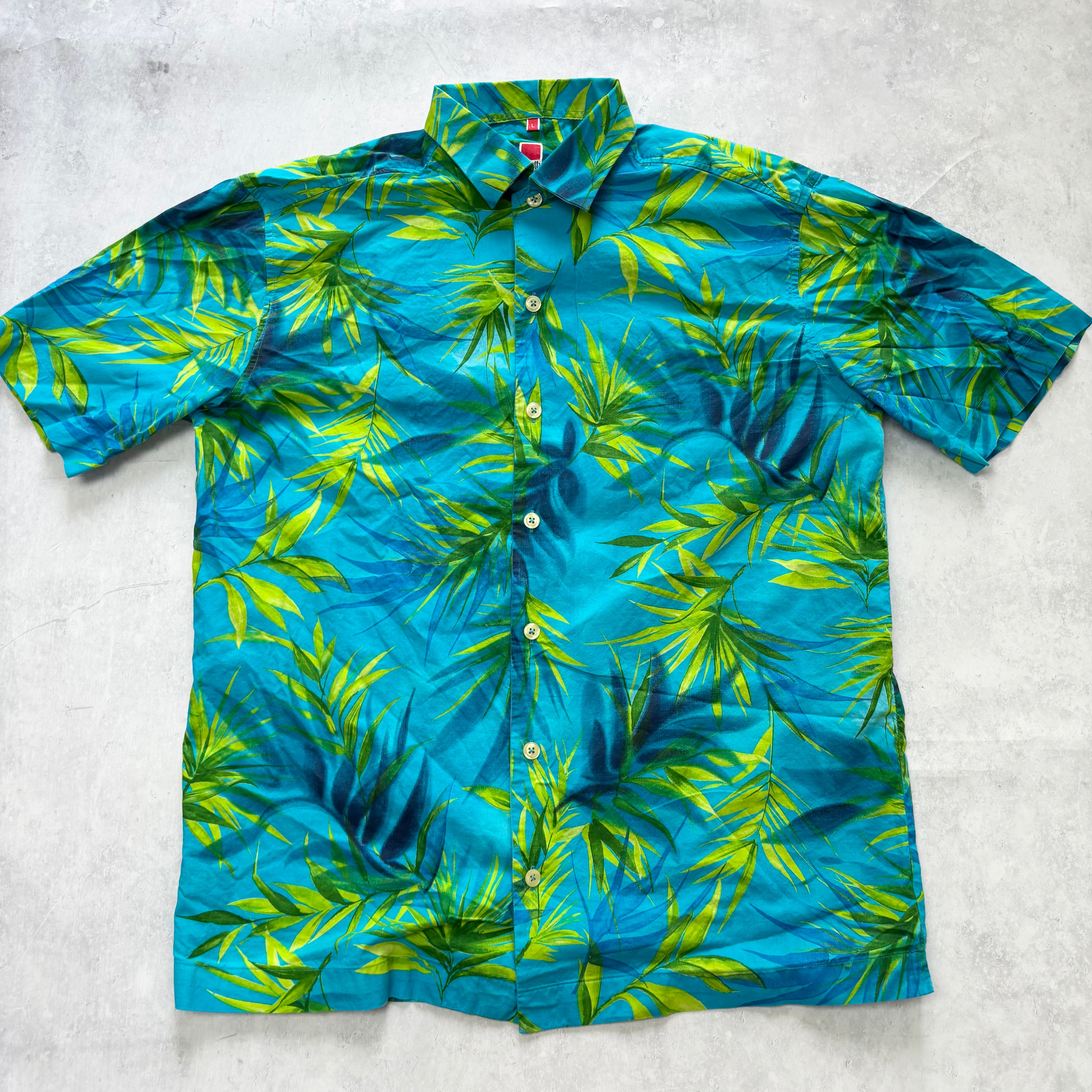 Vintage Hawaiian Shirt Mens Large Blue Floral Aloha Short Sleeve Cotton (E)