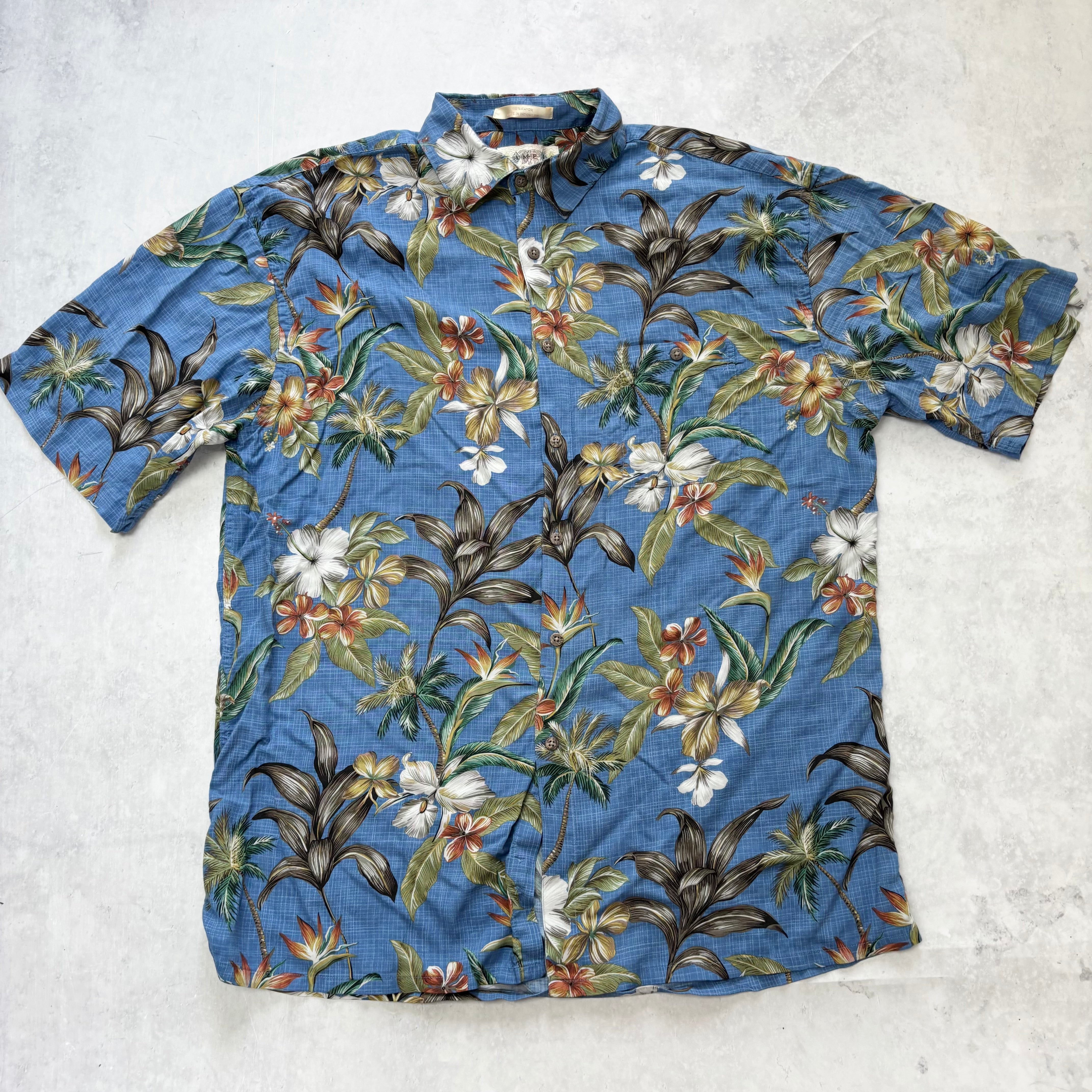 Vintage Hawaiian Shirt Mens Large Blue Floral Aloha Short Sleeve Rayon (E)